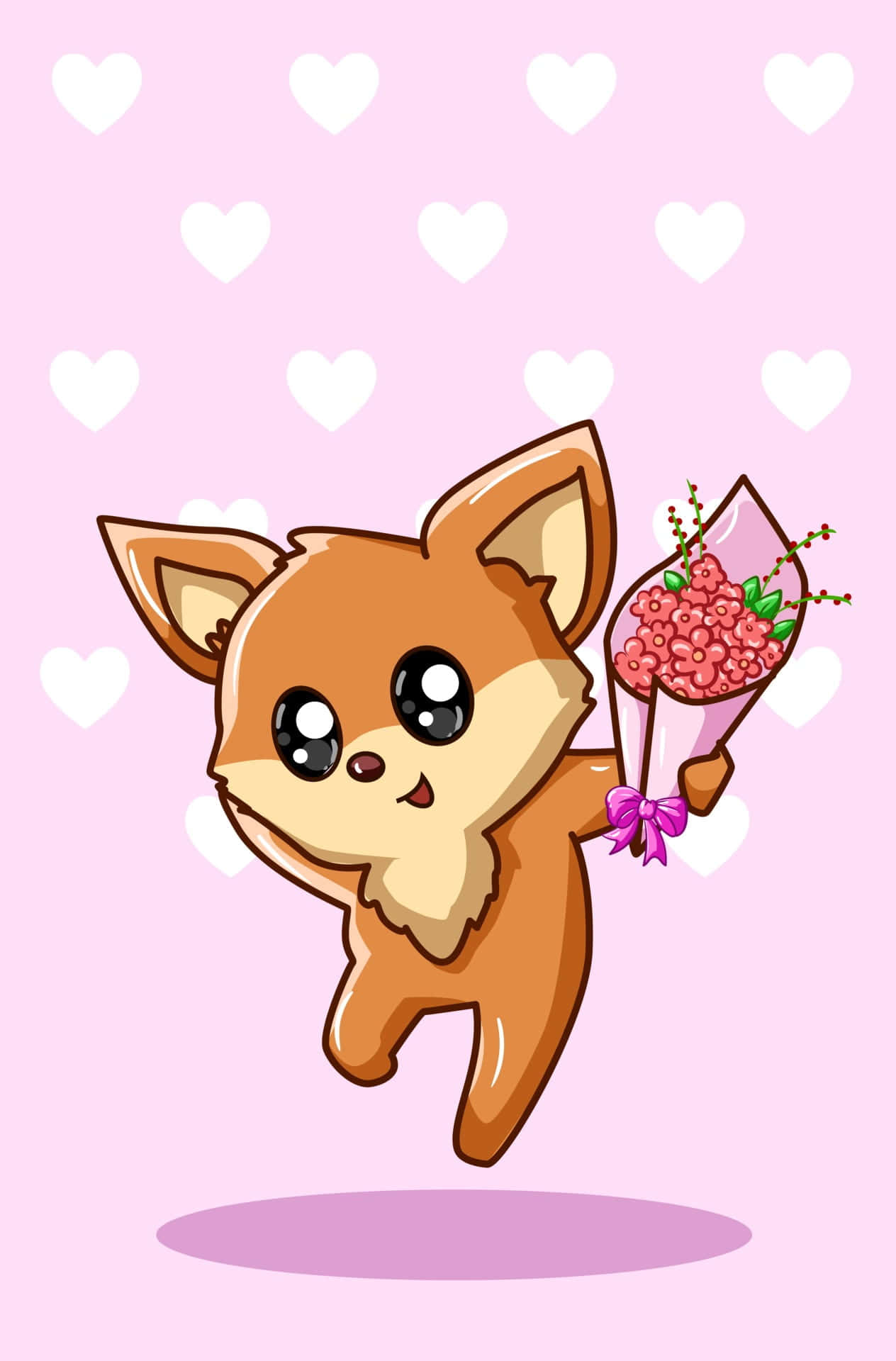 Kawaii Fox 桌布 壁紙 — 一隻可愛的大眼睛卡通狐狸，在淺粉紅色背景上拿著粉紅色花束，背景上有白色心形圖案。