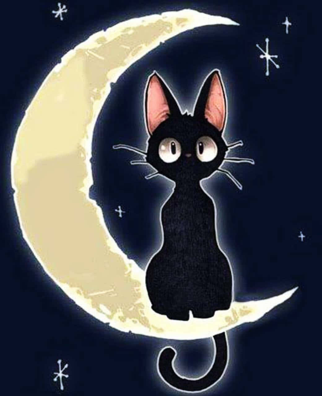 Jiji Cat 桌布 壁紙 — 一隻可愛的大眼黑貓坐在閃爍的彎月上，背景是繁星點點的夜空。