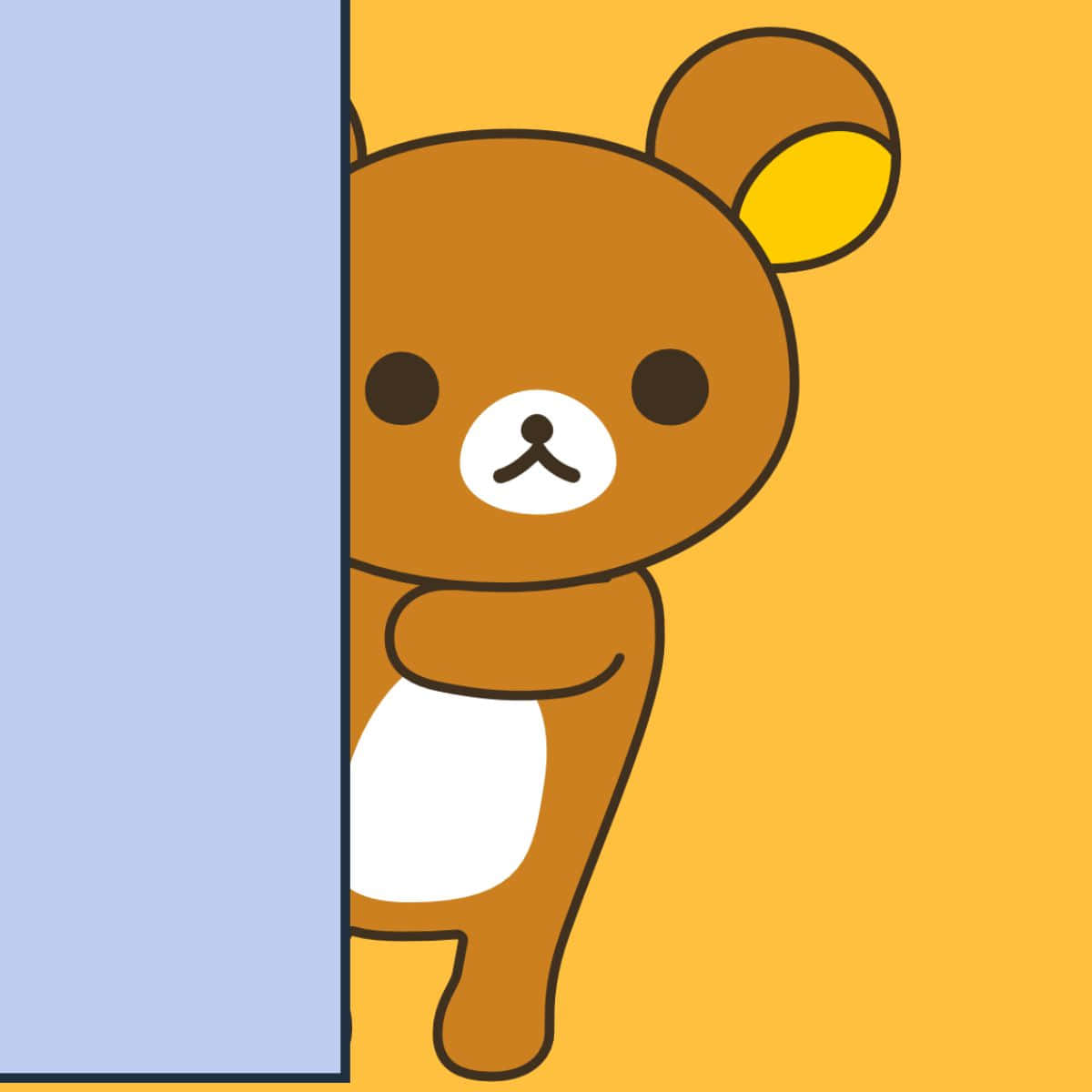 一隻卡通熊在黃色背景的藍色牆後探出頭來。 — 鬆弛熊 GIF 壁紙