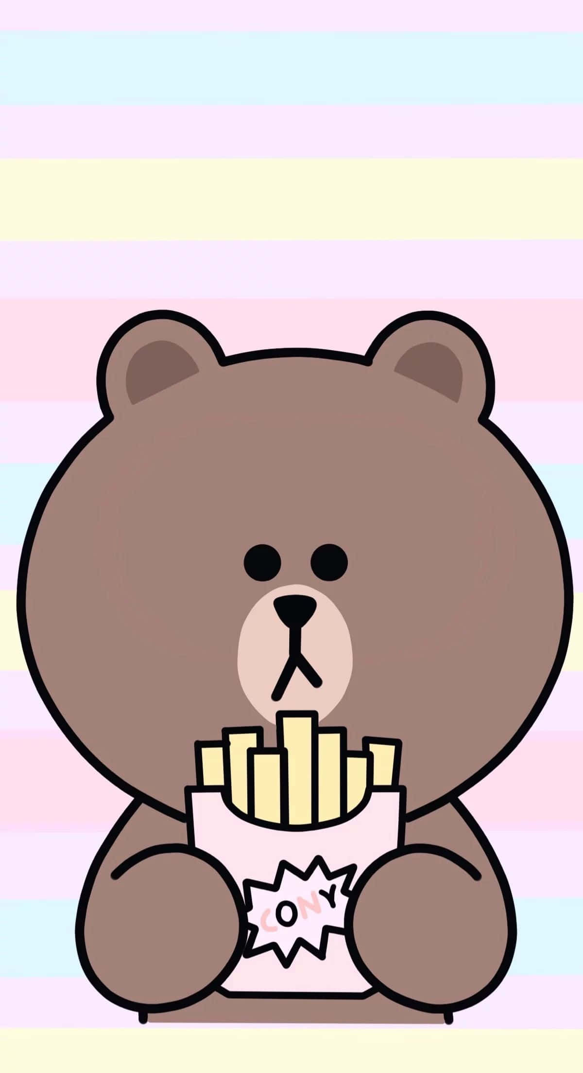Kawaii Bear 桌布 壁紙 — 一隻可愛的棕色卡通熊在粉彩彩虹條紋背景前拿著一袋薯條。