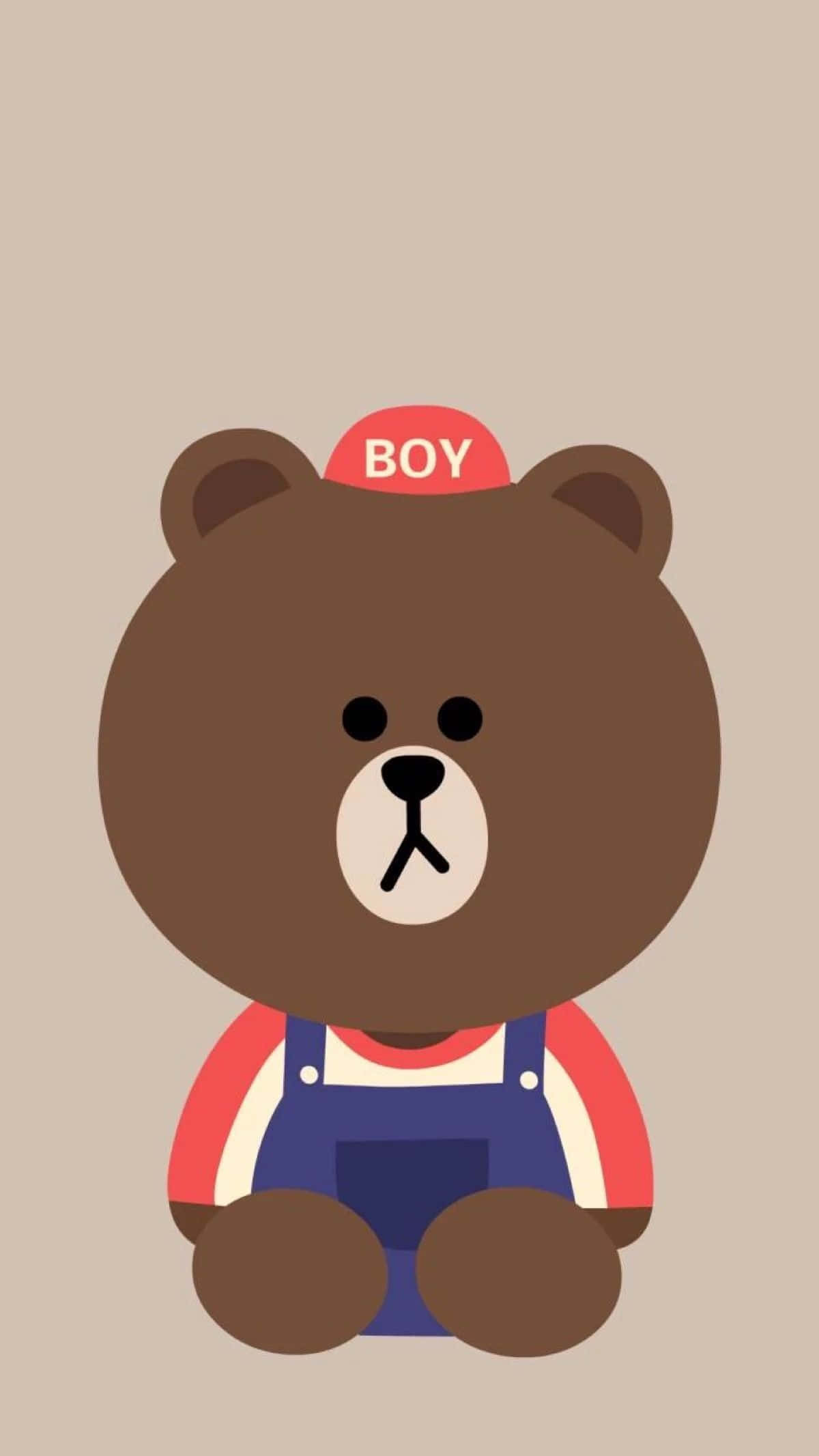 Kawaii Bear 桌布 壁紙 — 一隻可愛的棕色卡通熊穿著藍色工裝褲和帶有BOY字樣的紅色帽子，坐在米色背景前。