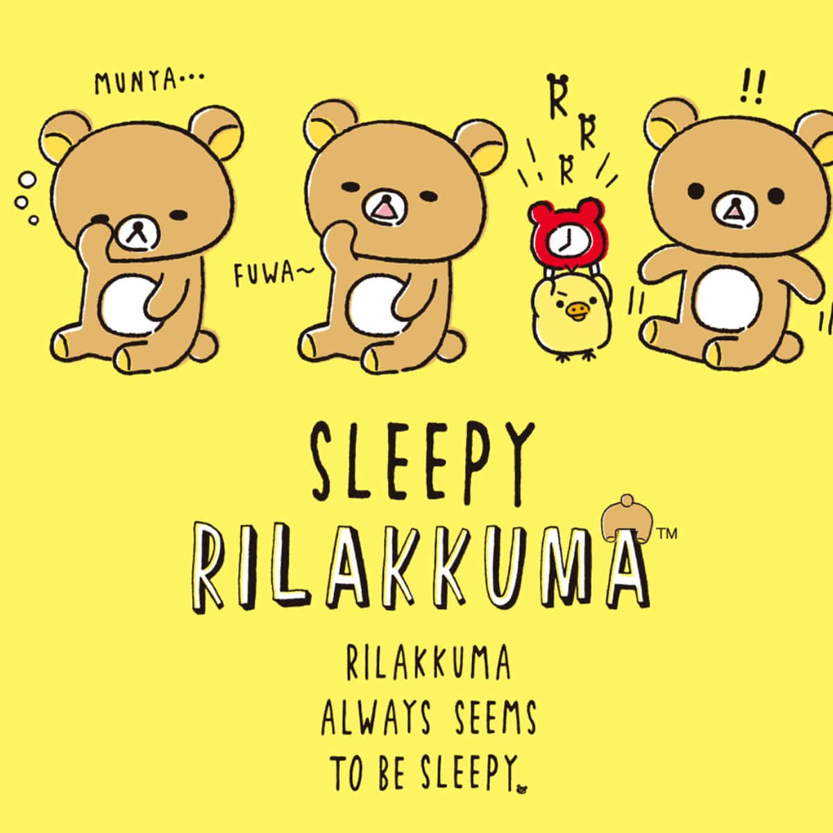 睏倦的Rilakkuma熊打呵欠，小雞用鬧鐘叫醒牠。 — 鬆弛熊 GIF 壁紙