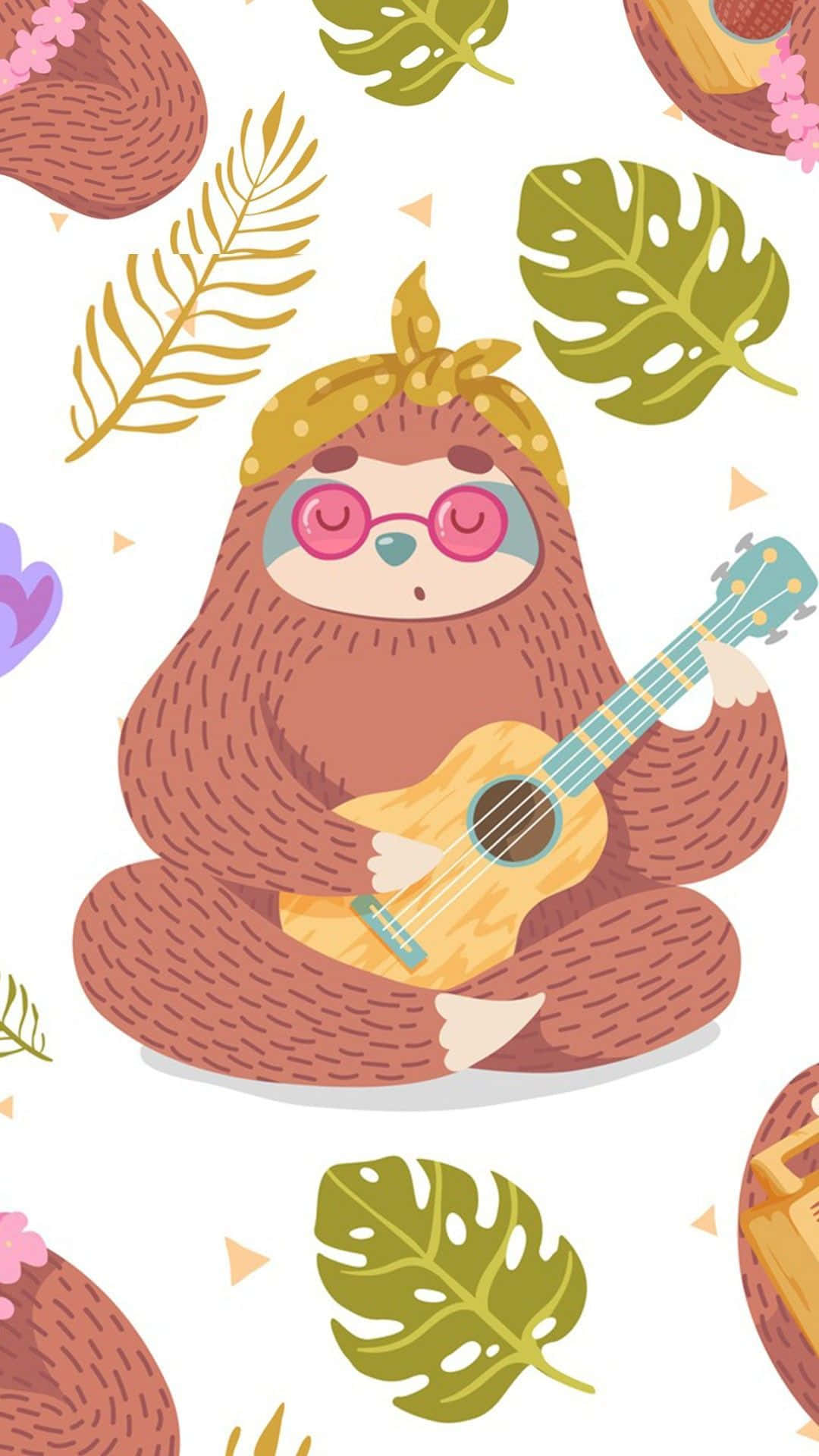 Kawaii Sloth 桌布 壁紙 — 一隻可愛的樹懶戴著粉紅色眼鏡和頭巾，在白色背景上被熱帶樹葉環繞，彈奏尤克里里。