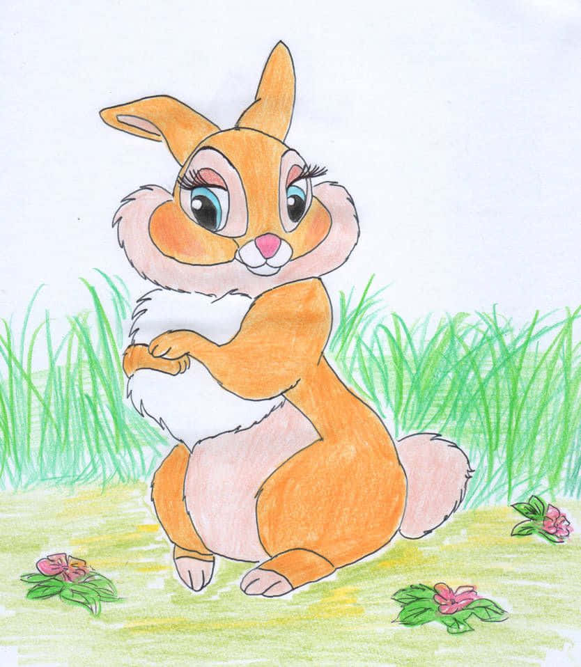 Miss Rabbit 桌布 壁紙 — 一隻可愛的橙色兔子，有著大大的藍色眼睛，坐在綠色的草地上，拿著一個白色的毛絨物體，周圍環繞著粉紅色的花朵。