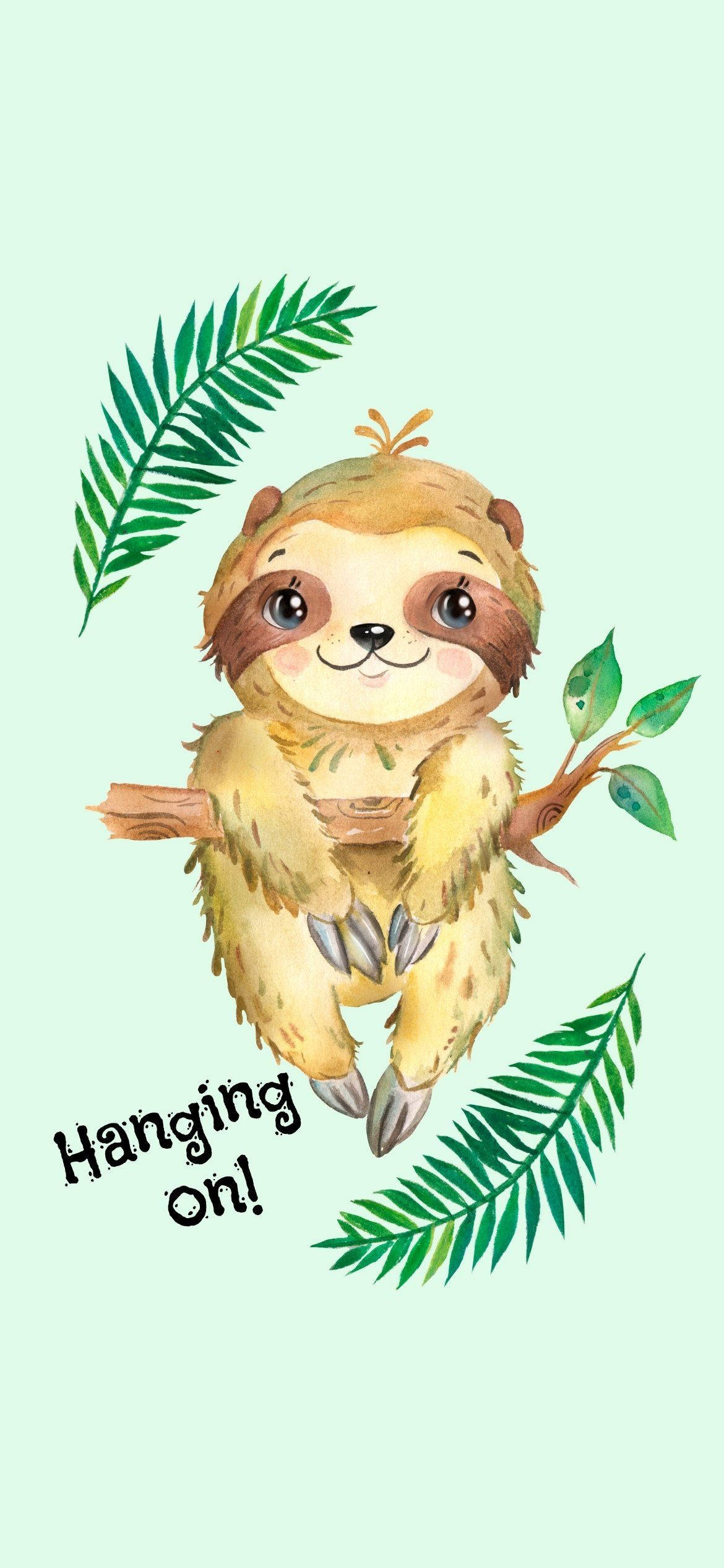 Baby Sloth Hanging On 壁紙 — 一隻可愛的水彩樹懶掛在樹枝上，周圍有綠色葉子，背景是柔和的薄荷色。