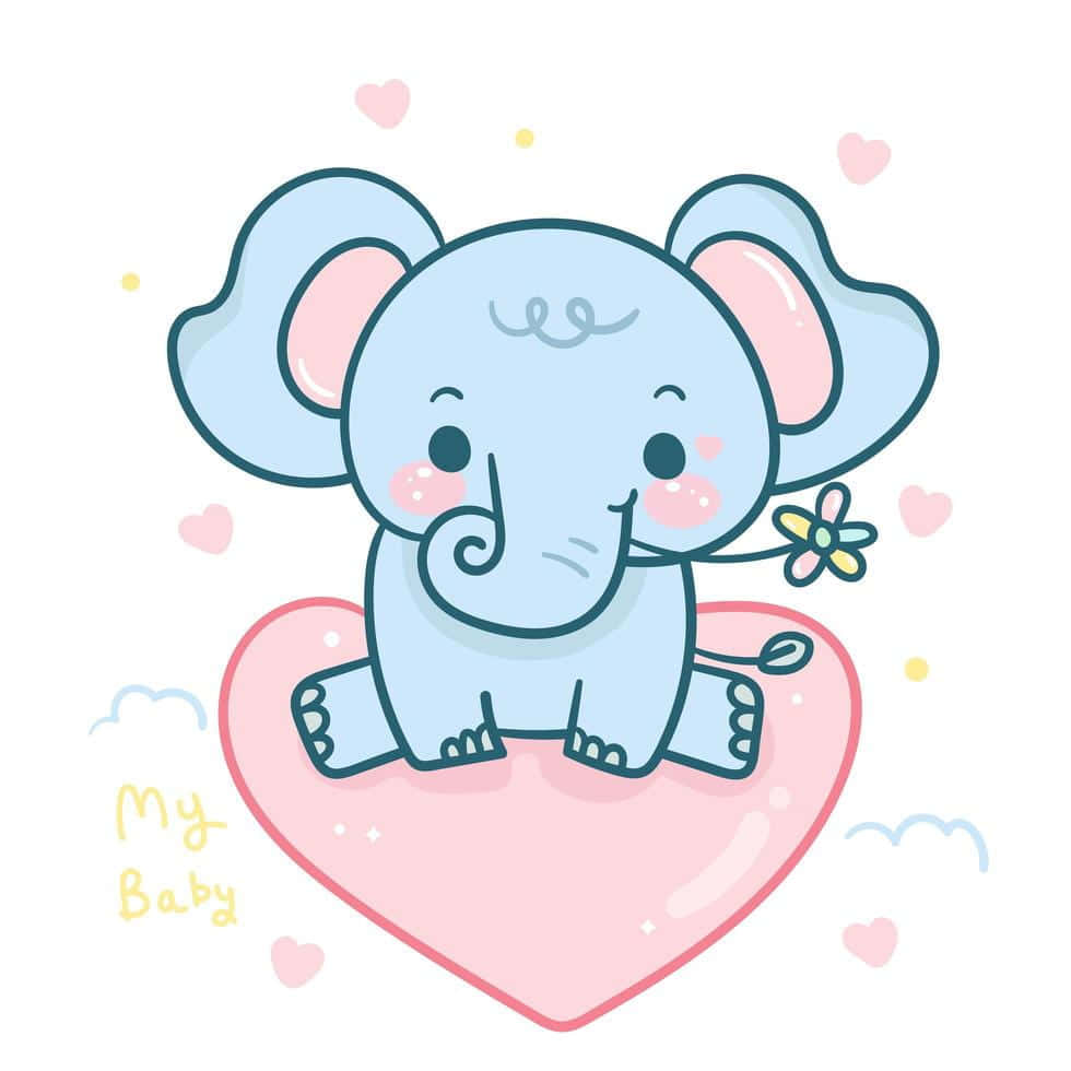 Kawaii Elephant 桌布 壁紙 — 一隻可愛的淺藍色卡通大象，粉紅色耳朵，坐在粉紅色心形上，拿著一朵小花，周圍有漂浮的心形和雲朵。