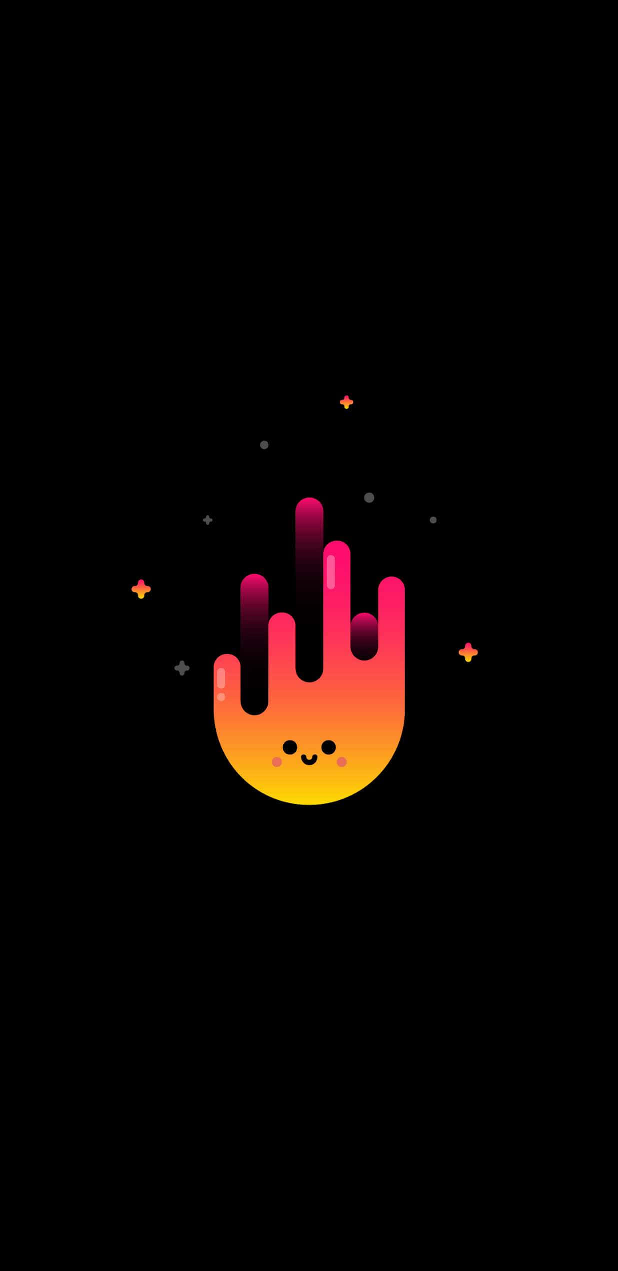 Minimalist Phone 桌布 壁紙 — 一隻可愛的漸變火焰手，帶有微笑的臉，漂浮在黑色背景上，點綴著微小的發光星星。