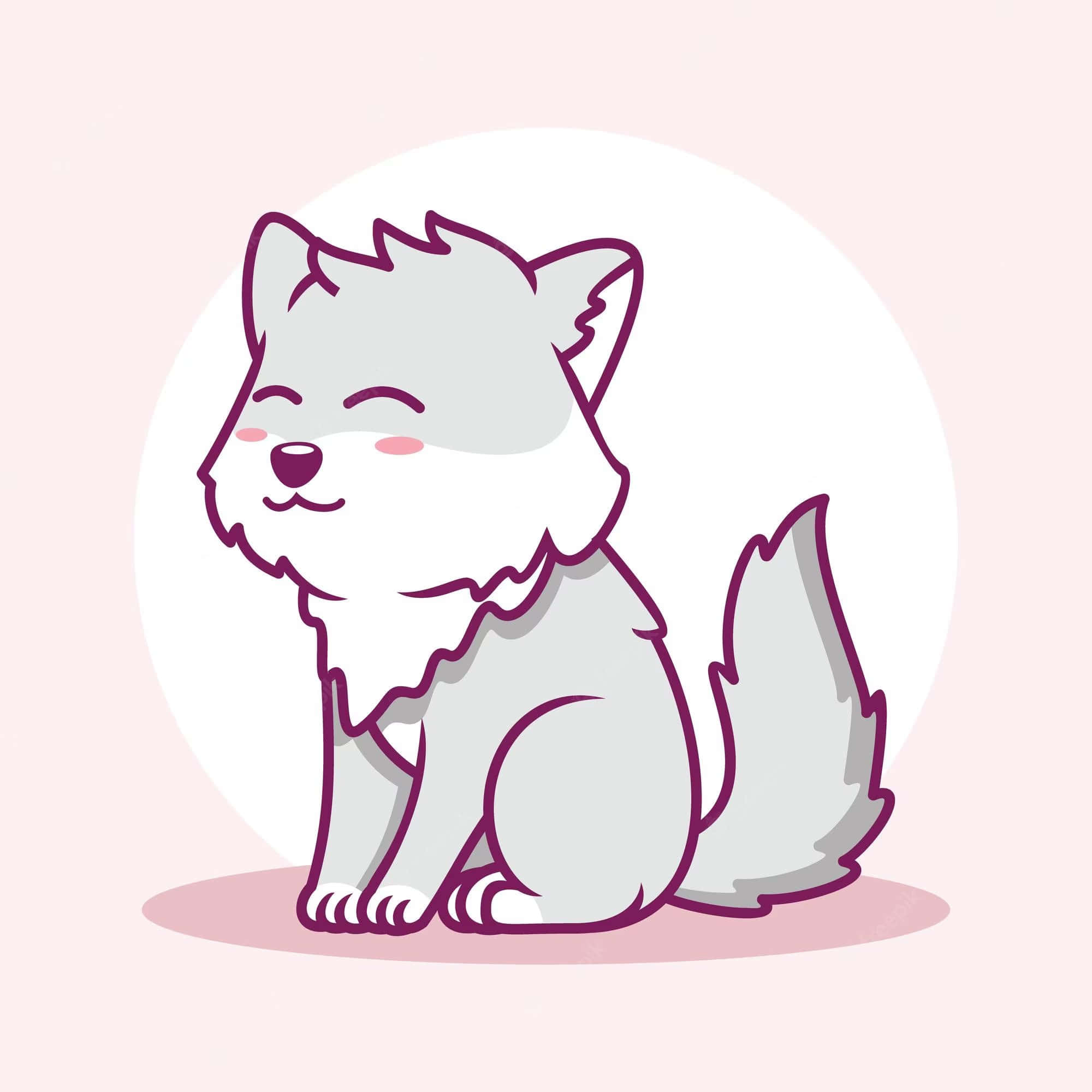 Cute Wolf 桌布 壁紙 — 一隻可愛的灰色卡通狐狸，閉著眼睛，臉頰泛著粉紅，靜靜地坐在柔和的粉紅色背景前。