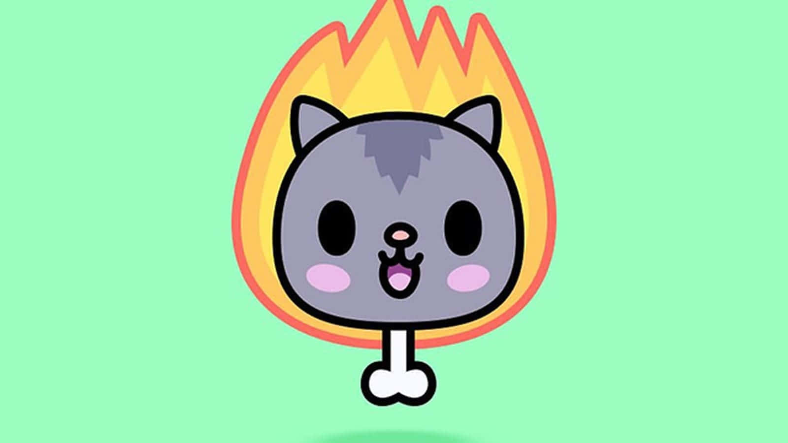 toca boca 桌布 壁紙 — 一隻可愛的灰色卡通貓，帶有火焰光環和骨頭尾巴，漂浮在薄荷綠背景上。