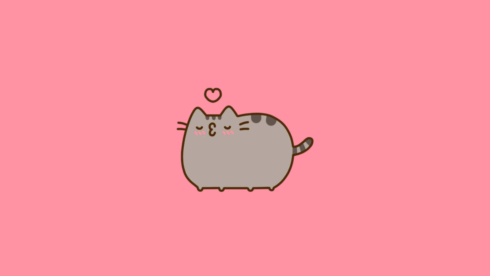 Pusheen 桌布 壁紙 — 一隻可愛的灰色卡通貓咪，頭頂有一個心形，靜靜地坐在純粉紅色背景上。