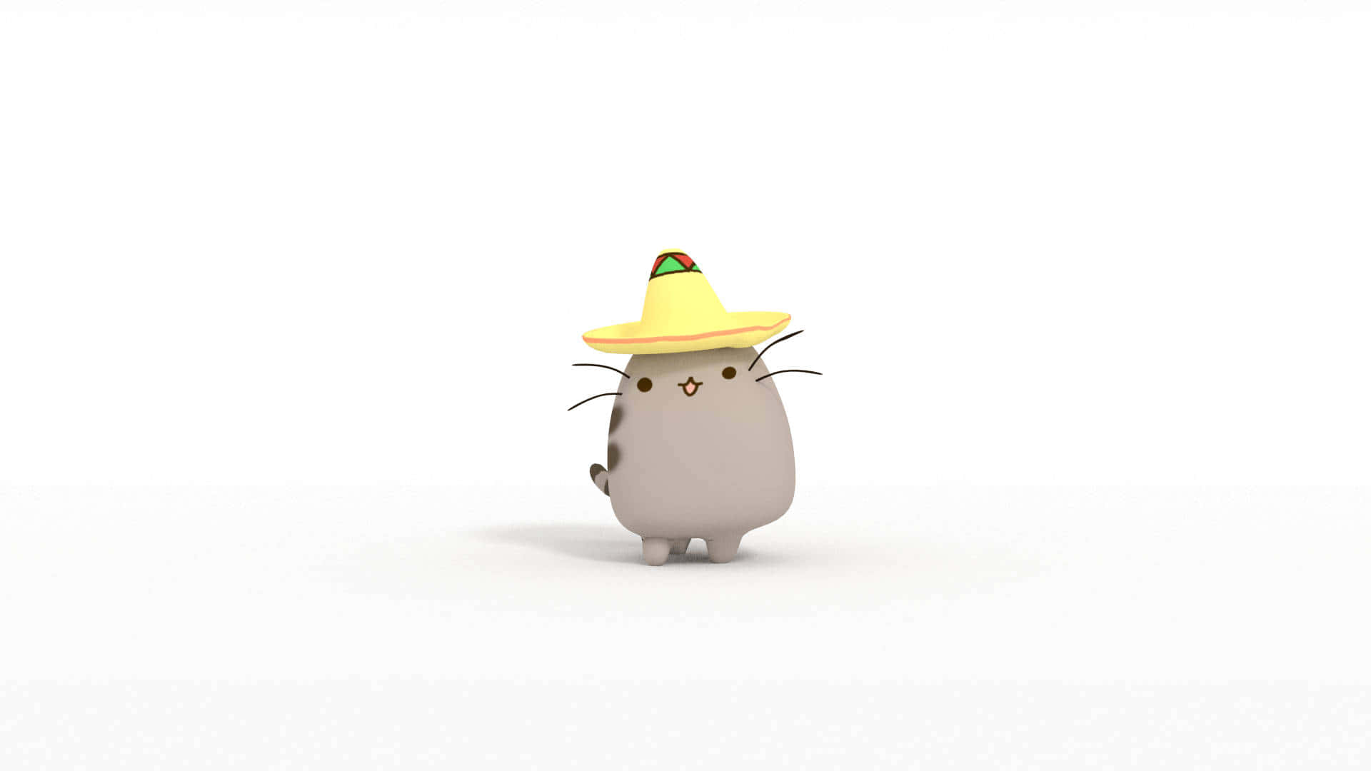 Pusheen 桌布 壁紙 — 一隻可愛的灰色卡通貓咪戴著黃色闊邊帽，獨自站在純白色背景上。