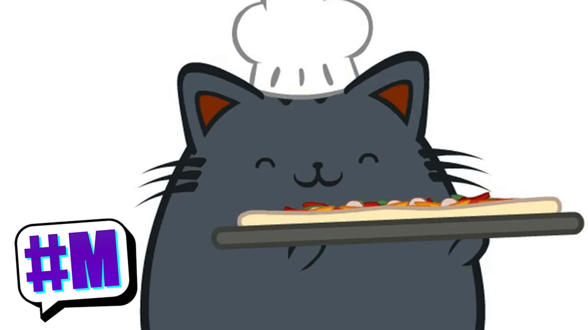 Pusheen 桌布 壁紙 — 一隻可愛的灰色卡通貓廚師自豪地展示一個放在托盤上的彩色薄餅，戴著廚師帽並附有標籤對話框。