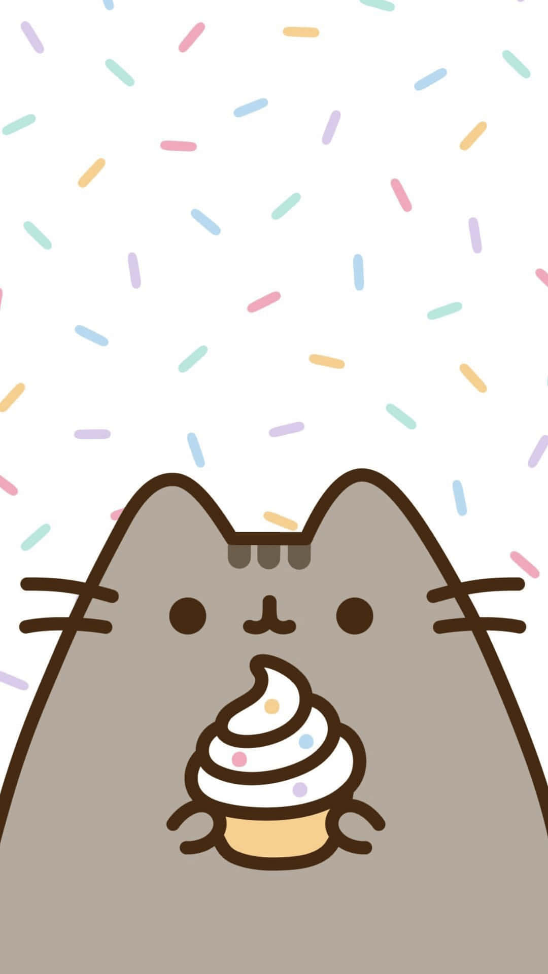 Kawaii Pusheen 桌布 壁紙 — 一隻可愛的灰色大眼貓咪快樂地拿著一個漩渦雪糕筒，彩色糖針從上方灑落。