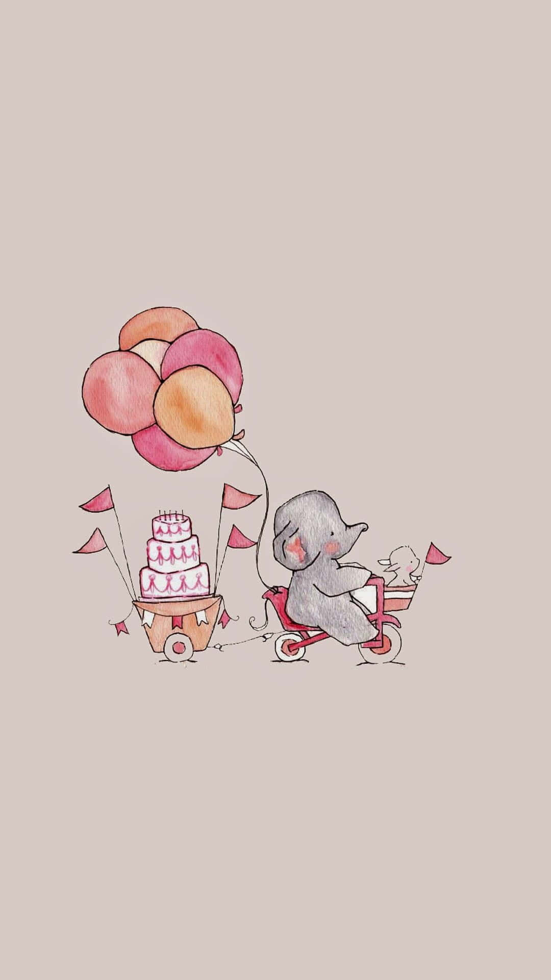 Kawaii Elephant 桌布 壁紙 — 一隻可愛的灰色大象騎著紅色三輪車，拉著一輛載有多層蛋糕和粉紅色氣球的車，背景是柔和的米色。
