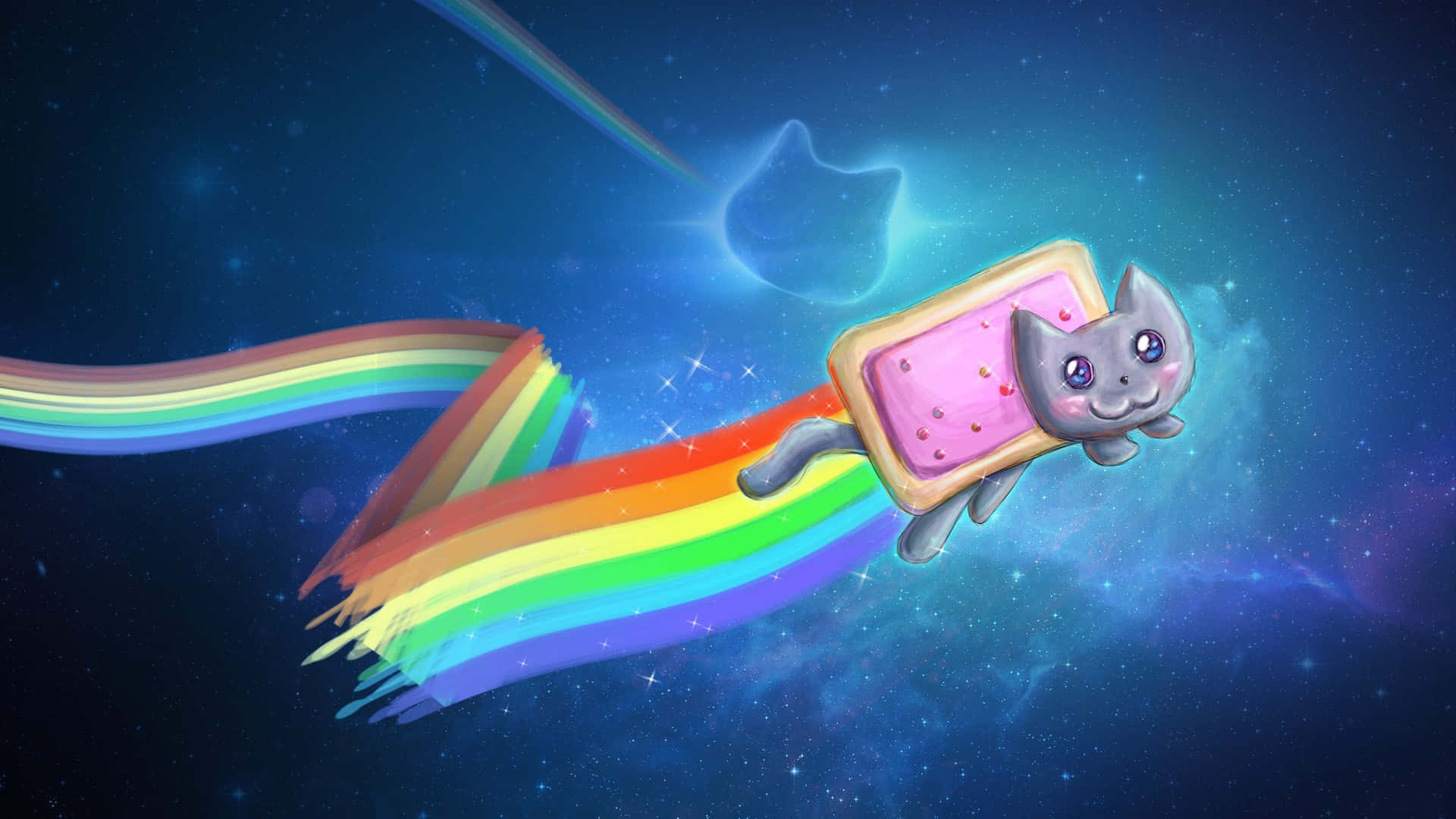 Nyan Cat 桌布 壁紙 — 一隻可愛的灰色貓咪，擁有粉紅色糖霜曲奇身體，在星光燦爛的夜空中飛馳，留下一道鮮豔的彩虹痕跡。