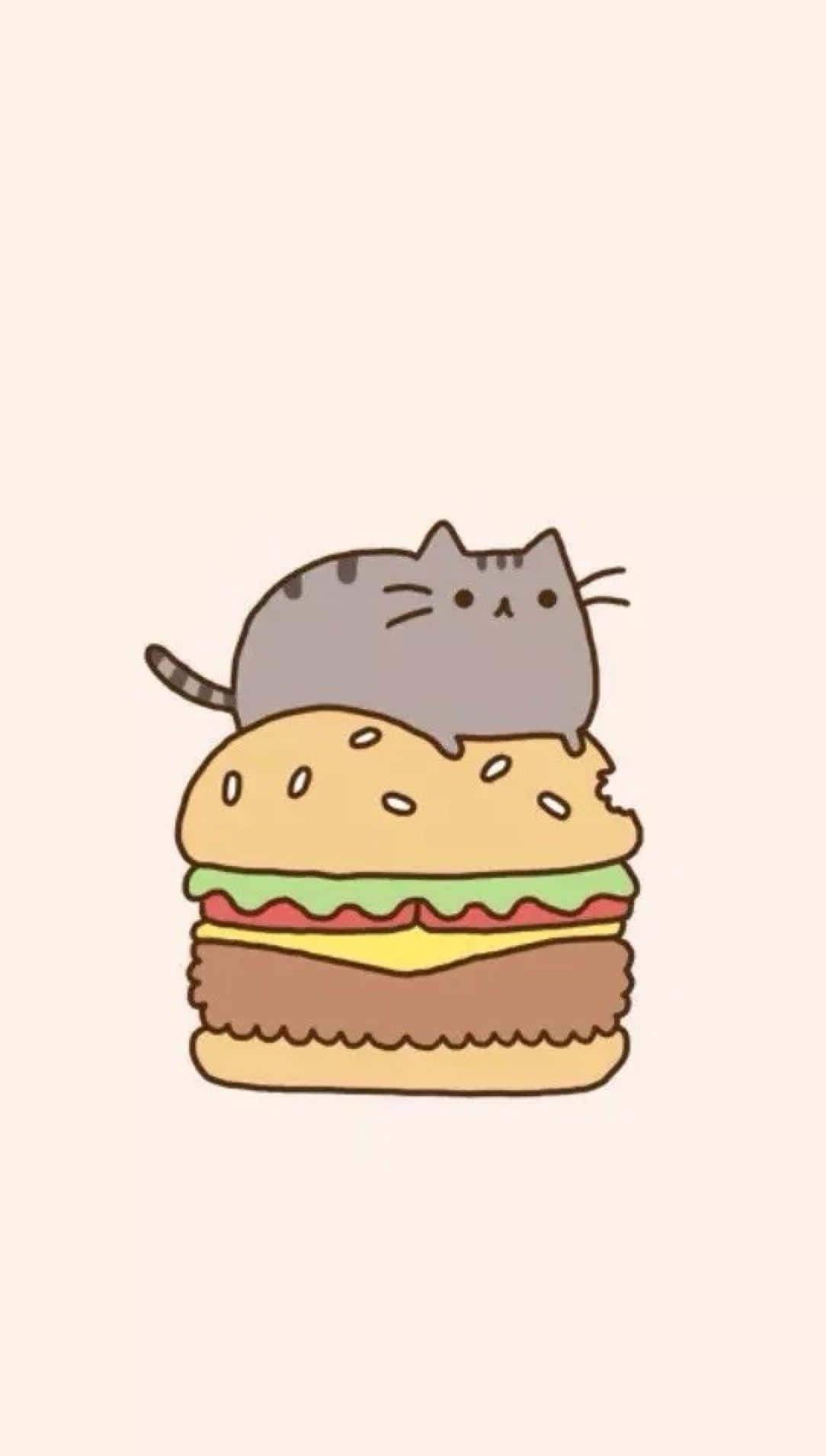 Pusheen 桌布 壁紙 — 一隻可愛的灰色貓咪，有著條紋尾巴，坐在一個大型芝士漢堡上，上面有生菜、番茄和芝麻麵包。