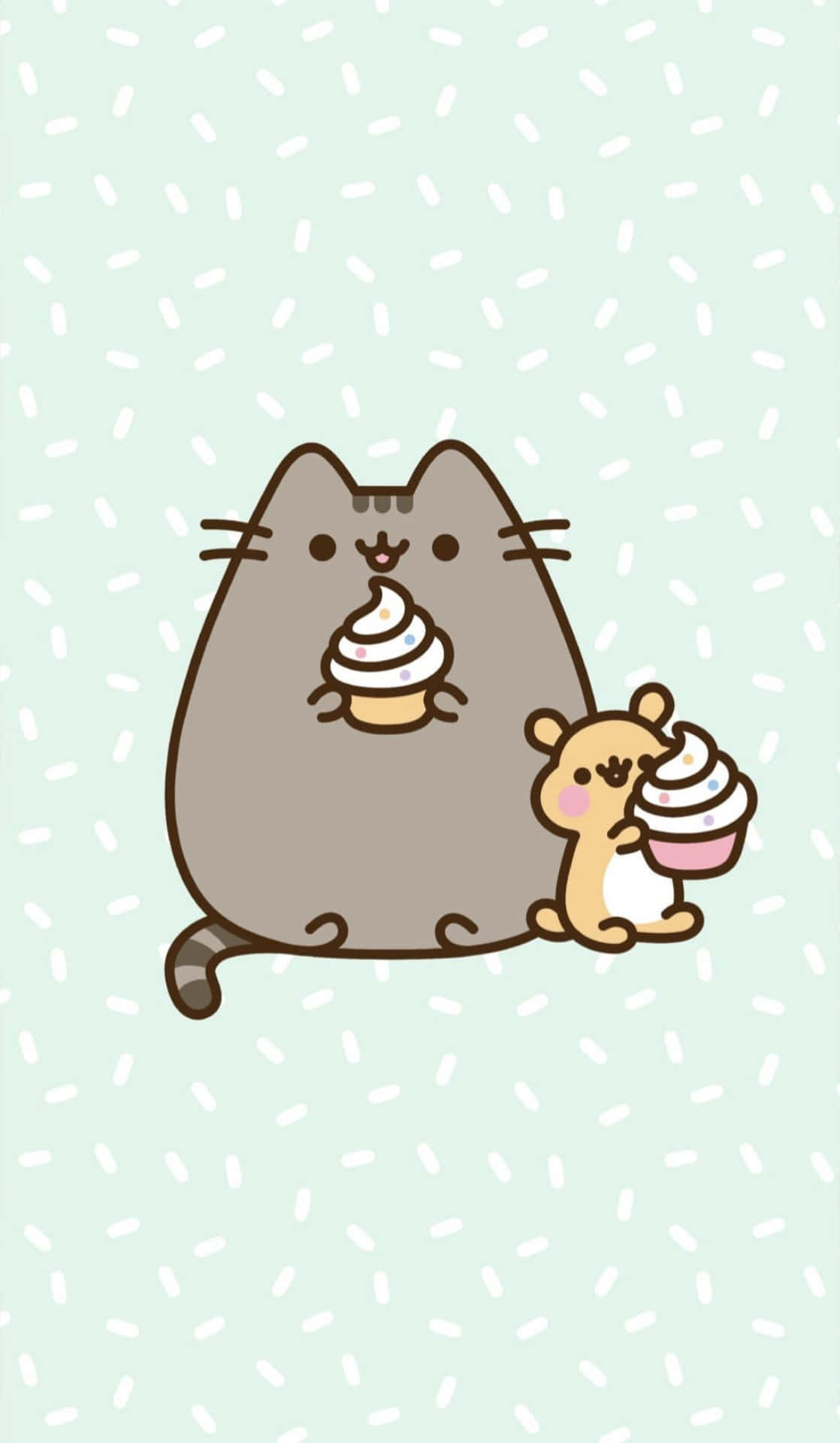 Kawaii Pusheen 桌布 壁紙 — 一隻可愛的灰色貓咪和一只小黃鼠在薄荷綠斑點背景上快樂地分享雪糕筒。