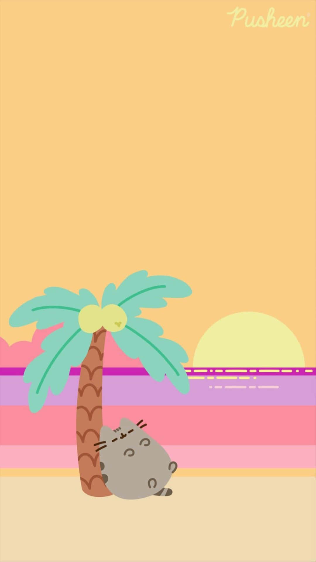 Pusheen 桌布 壁紙 — 一隻可愛的灰色貓咪在棕櫚樹下休息，粉彩色的夕陽將天空染成粉紅、紫色和黃色。