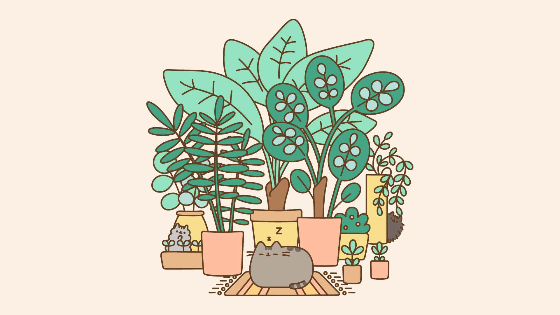 Pusheen 桌布 壁紙 — 一隻可愛的灰色貓咪在鋪滿茂盛盆栽植物（使用柔和色調花盆）的地毯上安詳地睡覺。