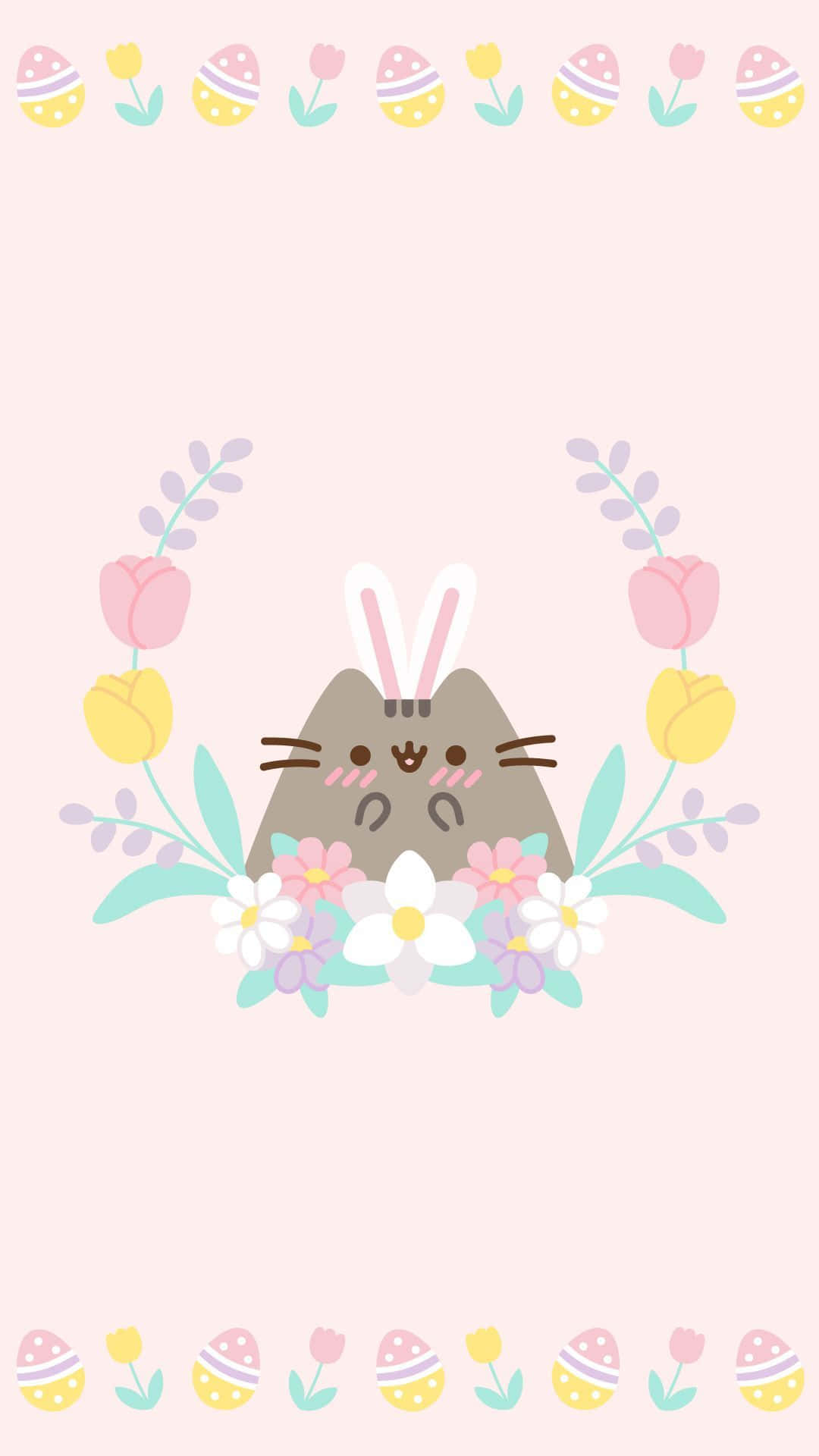 Cute Pusheen 桌布 壁紙 — 一隻可愛的灰色貓咪戴著兔耳朵，坐在柔軟的粉紅色背景上，周圍環繞著色彩繽紛的春天花朵和圖案復活節蛋。