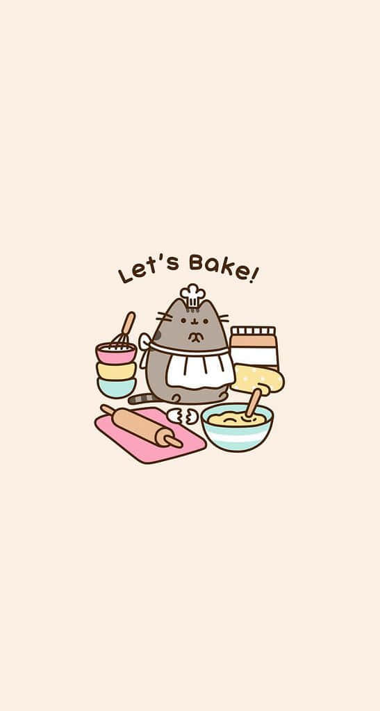 Cute Pusheen 桌布 壁紙 — 一隻可愛的灰色貓咪戴著廚師帽和圍裙，開心地用彩色碗和擀麵杖烘焙。
