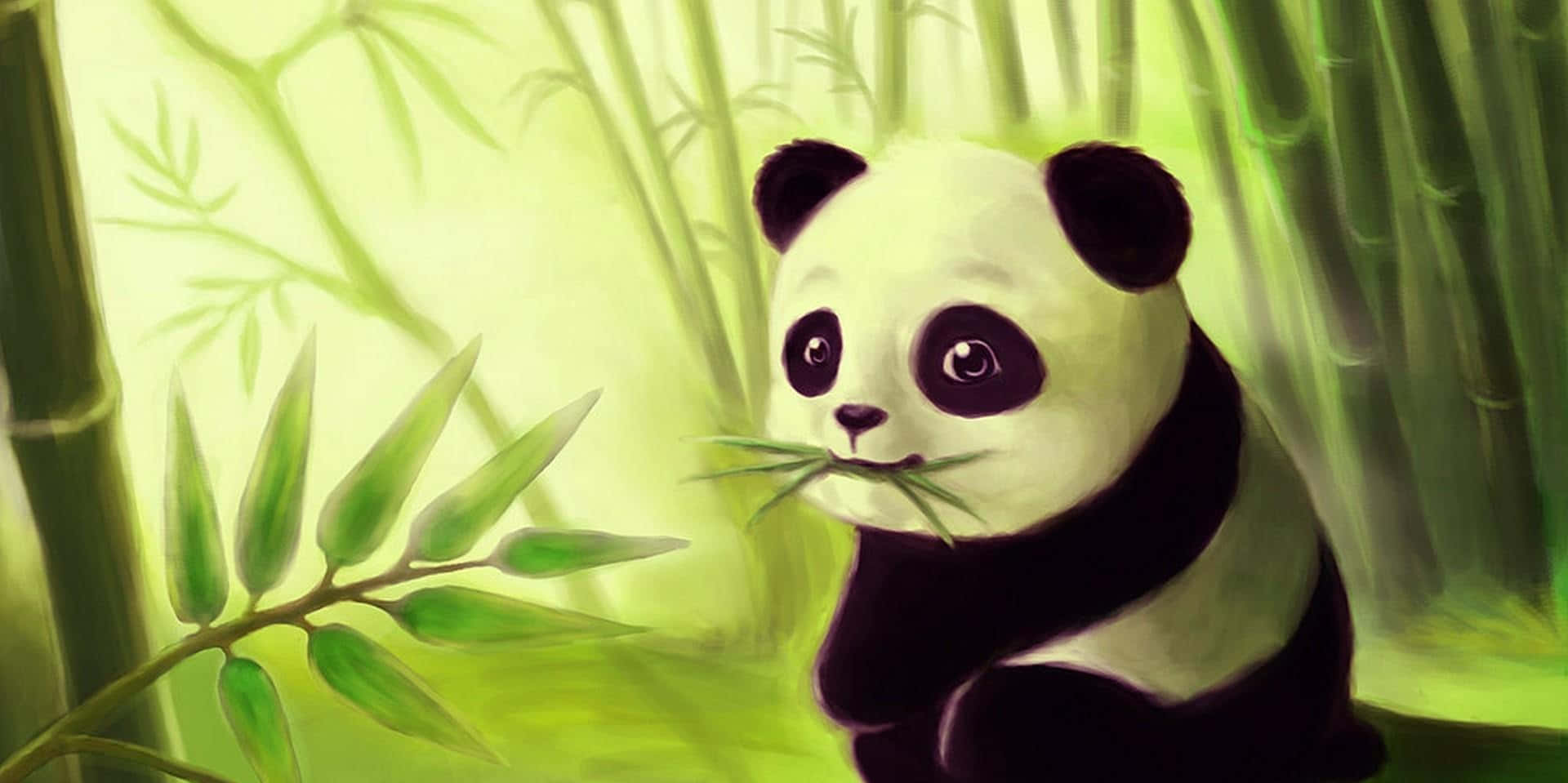 Cute Animations 桌布 壁紙 — 一隻可愛的熊貓在陽光明媚的竹林裏咀嚼竹子，帶有柔和的綠色色調和溫柔的光線。