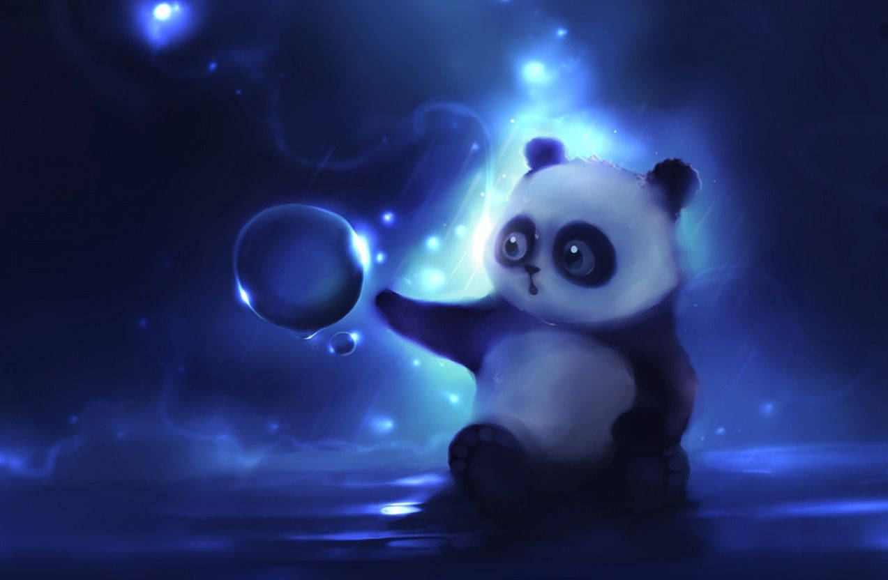 Cute Tablet 桌布 壁紙 — 一隻可愛的熊貓寶寶坐在發光的藍色虛空中，用充滿好奇的大眼睛輕輕觸摸閃爍的泡泡。
