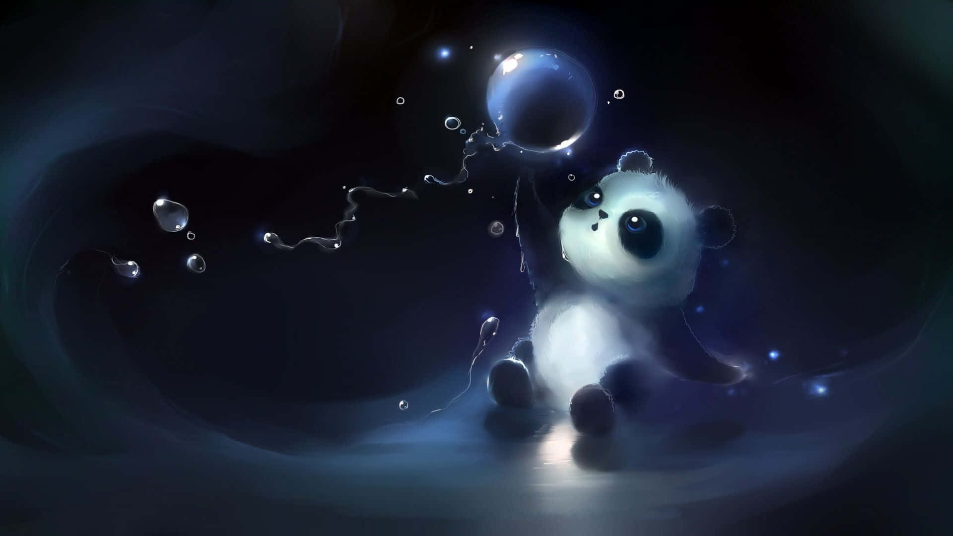 Kawaii Panda 桌布 壁紙 — 一隻可愛的熊貓寶寶漂浮在深藍色的宇宙虛空中，手持一個被漂浮水滴環繞的發光泡泡。