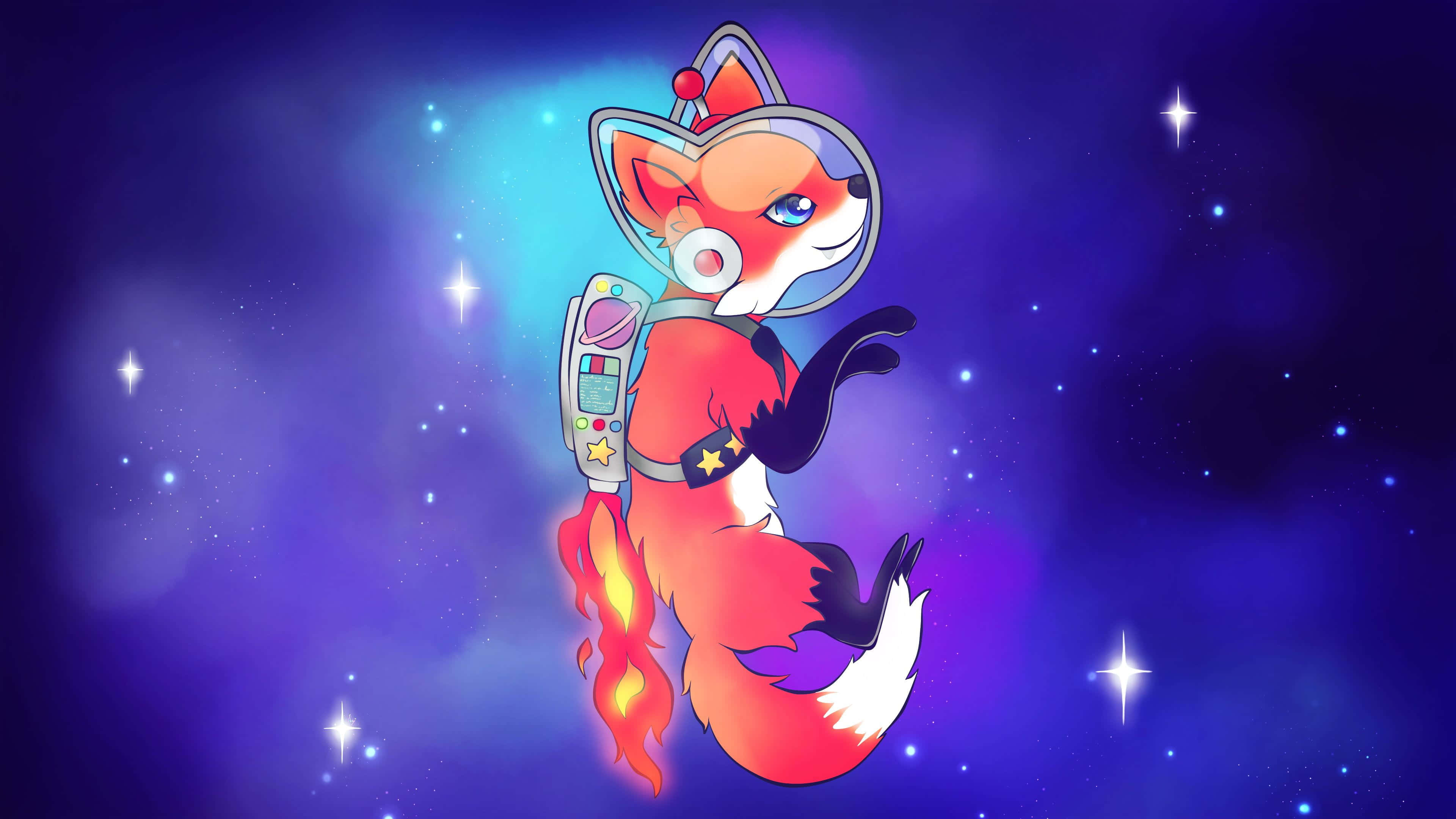 Kawaii Fox 桌布 壁紙 — 一隻可愛的狐狸太空人揹著噴射背包，在充滿活力的星空飄浮，背後有發光的星雲。
