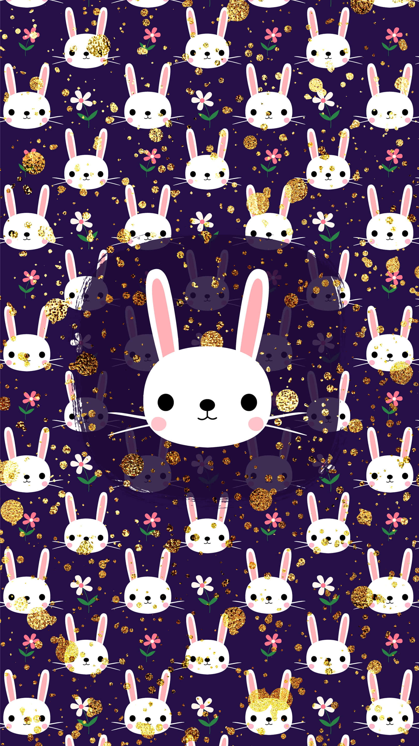 Kawaii Bunny 桌布 壁紙 — 一隻可愛的白兔，有粉紅色的耳朵和臉頰，在深紫色背景上微笑，背景有金色閃粉和粉紅色花朵。