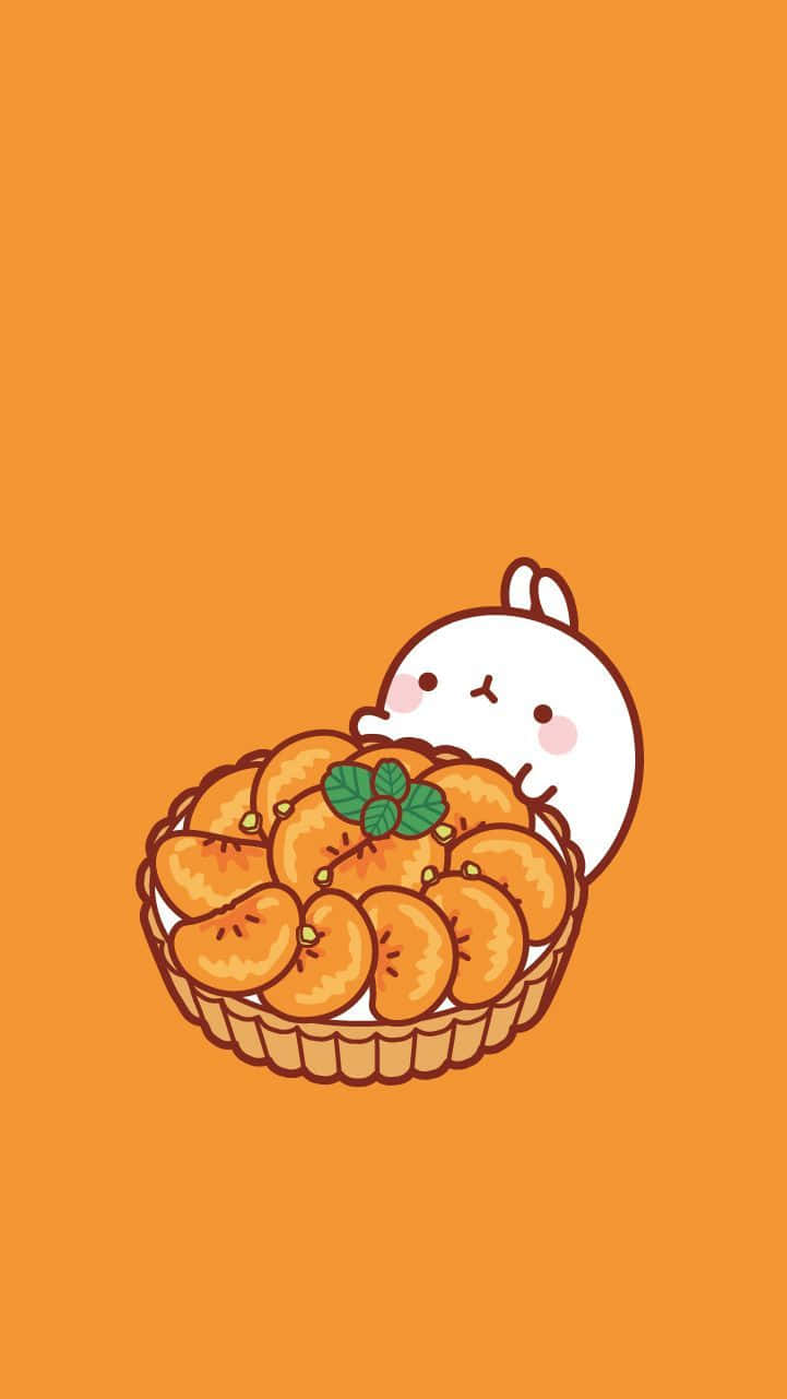 Cute Orange 桌布 壁紙 — 一隻可愛的白兔從一籃橙色的柑桔片（飾以薄荷）上方探出頭來，背景為純橙色。