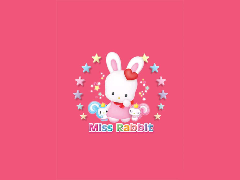Miss Rabbit 桌布 壁紙 — 一隻可愛的白兔穿著粉紅色連衣裙，繫著紅色心形蝴蝶結，站在純粉色背景上，周圍環繞著彩色星星和兩個小動物朋友。