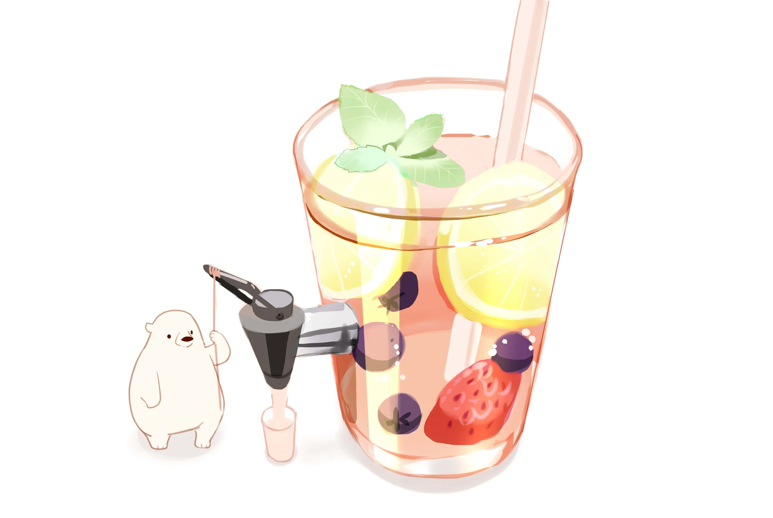 Kawaii Fruit 桌布 壁紙 — 一隻可愛的白熊拉動繩子，從水龍頭將清爽的水果飲料倒入裝有檸檬片、草莓和薄荷的玻璃杯中。