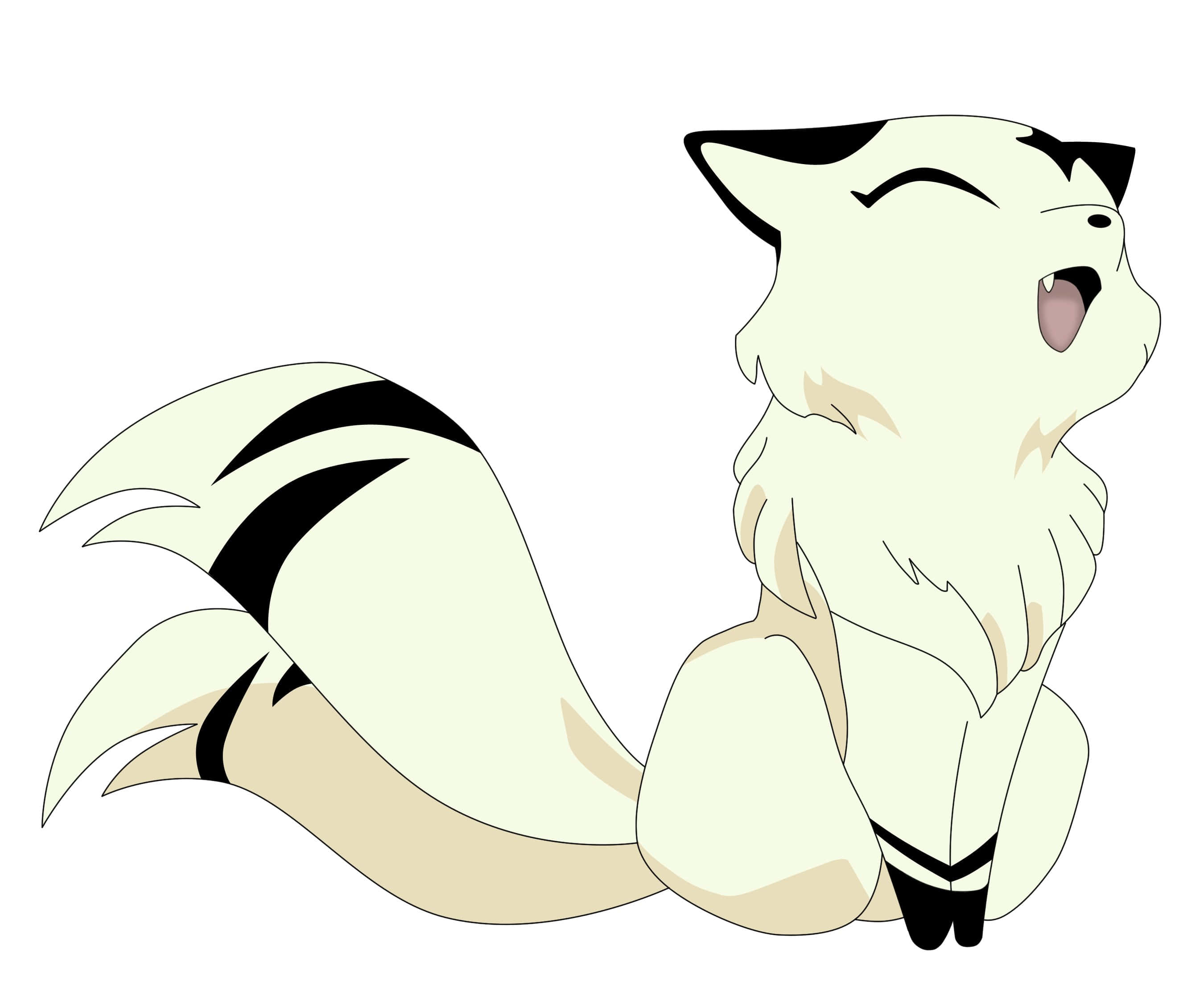 Kirara 桌布 壁紙 — 一隻可愛的白狐帶有黑色斑紋坐著，張大嘴巴打呵欠，露出粉紅色的舌頭和牙齒。
