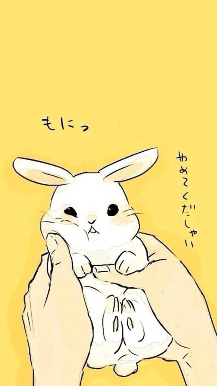 Kawaii Bunny 桌布 壁紙 — 一隻可愛的白色兔子毛絨玩具，輕輕握在手中，背景為純黃色並帶有日文字。