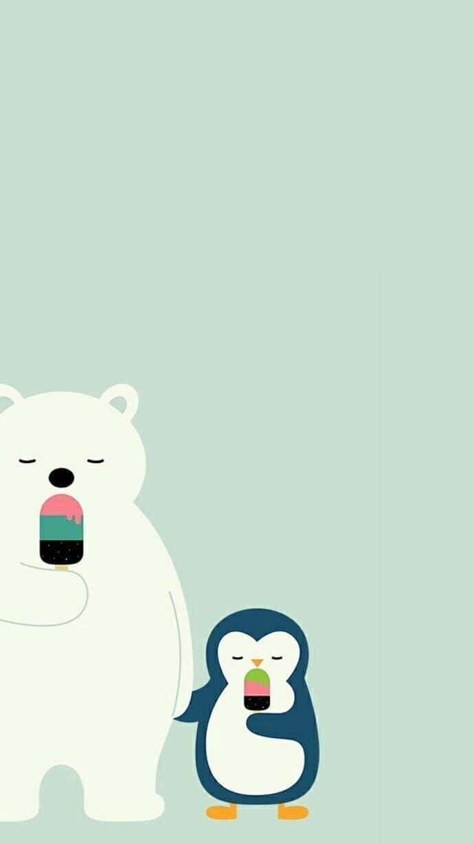 Cartoon Polar Bear 桌布 壁紙 — 一隻可愛的白色北極熊和小企鵝在柔和的薄荷綠色背景下享用色彩繽紛的冰棒。