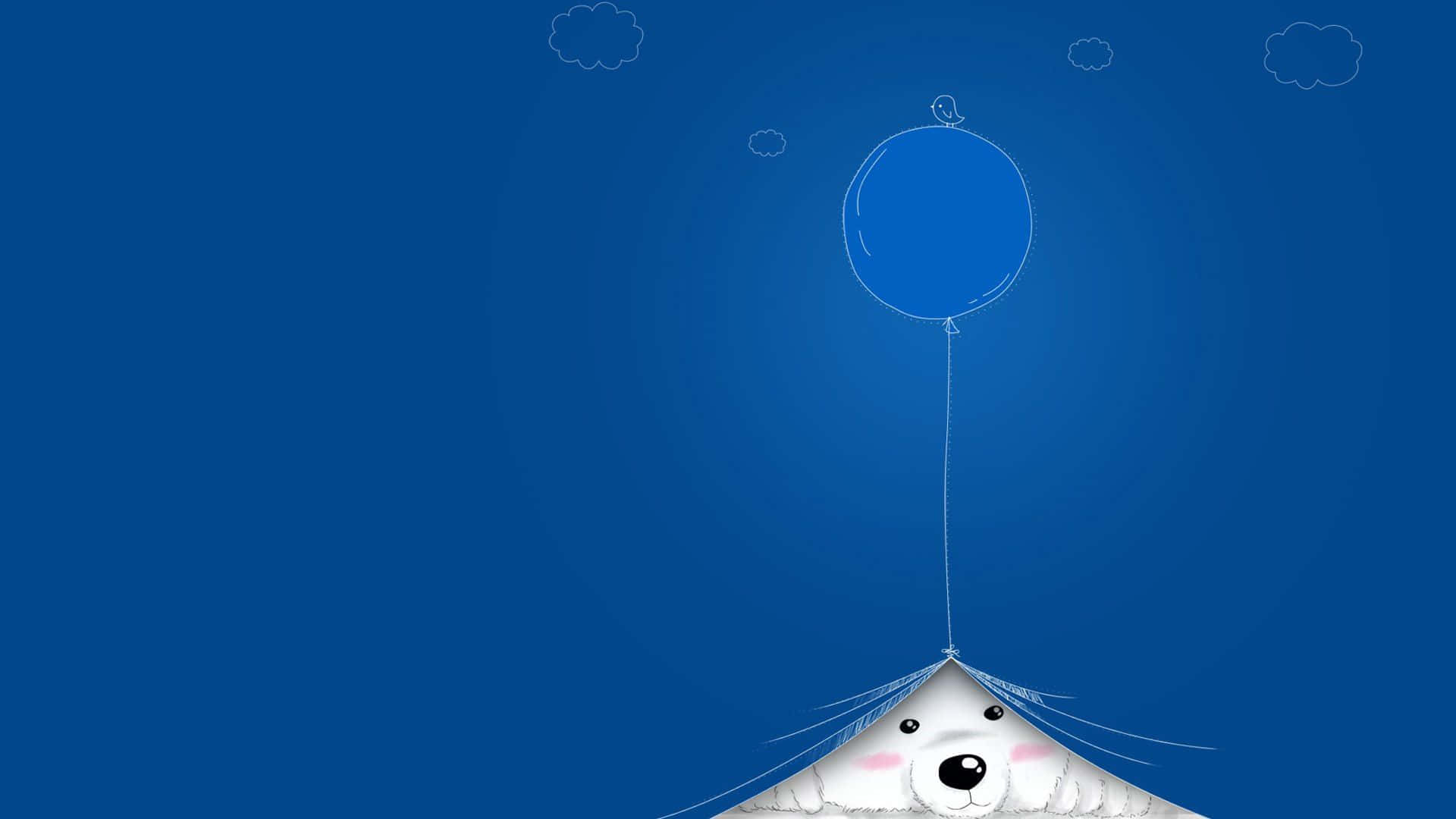 Cartoon Polar Bear 桌布 壁紙 — 一隻可愛的白色北極熊從下方探出頭來，拿著一個藍色氣球，背景是帶有淡淡雲朵的深藍色天空。