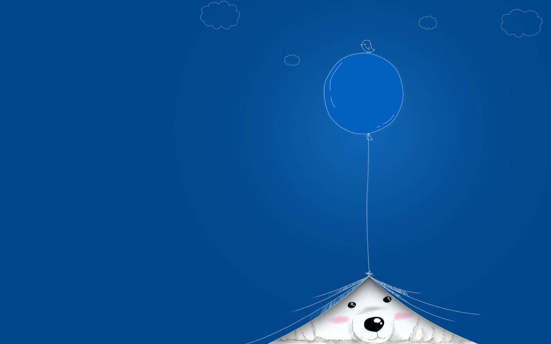 Cute Blue 桌布 壁紙 — 一隻可愛的白色北極熊從毯子下探出頭來，拿著一個藍色氣球，背景是帶有淡淡雲朵的深藍色天空。