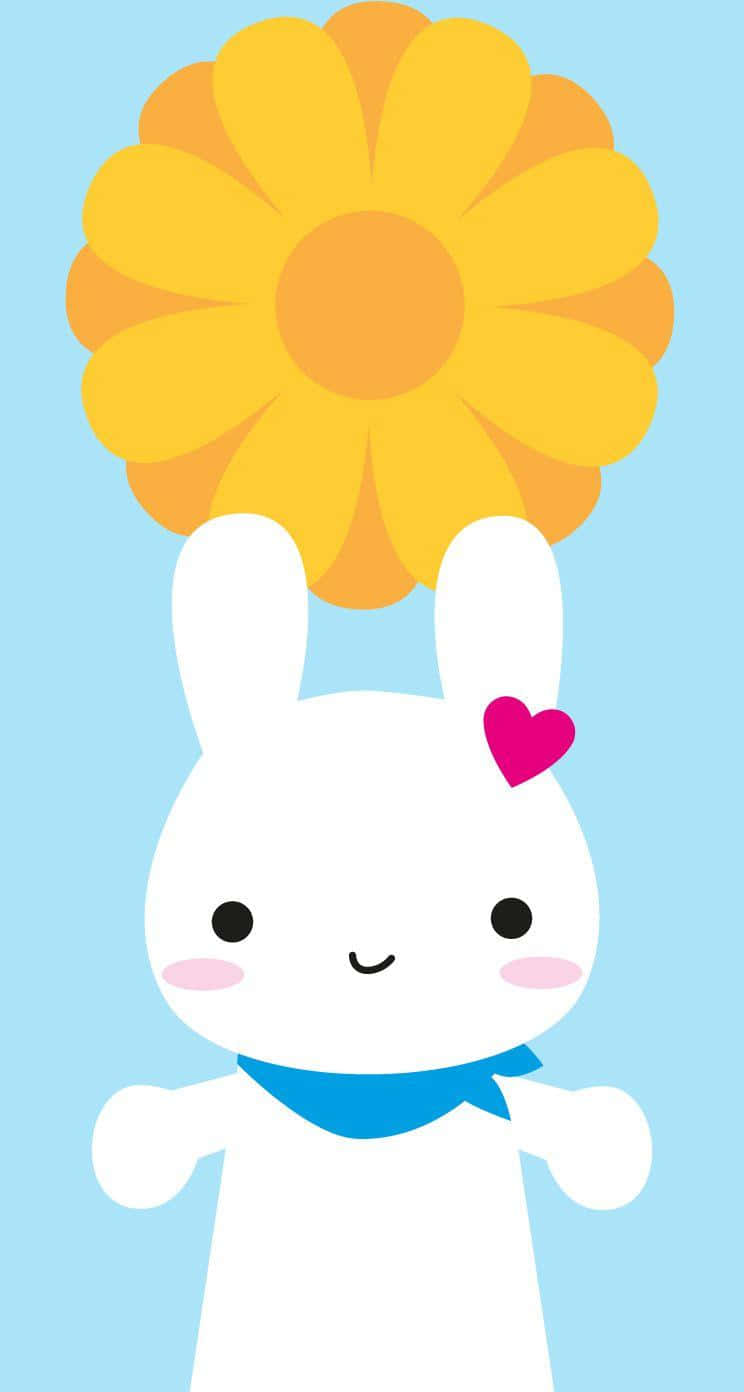 Kawaii Bunny 桌布 壁紙 — 一隻可愛的白色卡通兔，頭上有粉紅色心形，在淺藍色背景上拿著一朵大黃花。