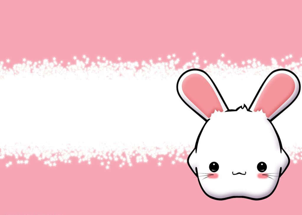Kawaii Bunny 桌布 壁紙 — 一隻可愛的白色卡通兔仔，粉紅色內耳，從右邊探出頭來，背景是柔和的粉紅色，帶有白色紋理條紋。