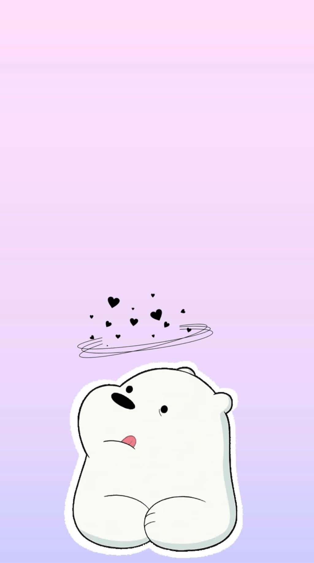 Cartoon Polar Bear 桌布 壁紙 — 一隻可愛的白色卡通熊，臉頰泛著粉紅色的紅暈，頭頂漂浮著黑色心形，背景是柔和的粉彩漸變色。