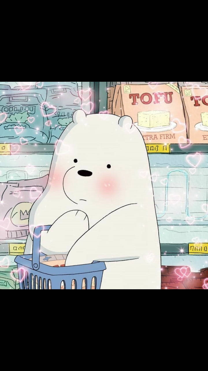 We Bare Bears 桌布 壁紙 — 一隻可愛的白色卡通熊在充滿心形的雜貨店通道中拿著購物籃，臉紅了。
