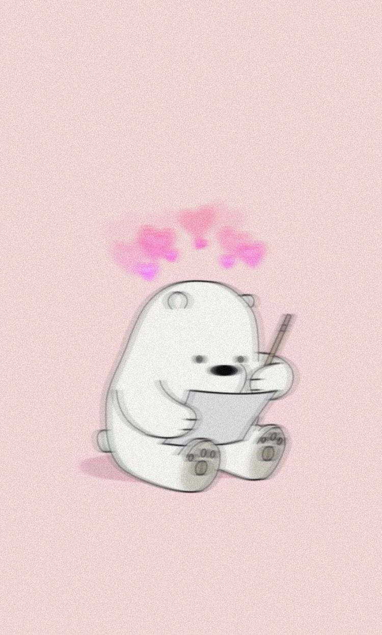 We Bare Bears 桌布 壁紙 — 一隻可愛的白色卡通熊坐在粉紅色背景上，拿著鉛筆和紙，頭頂上有漂浮的粉紅色心形。