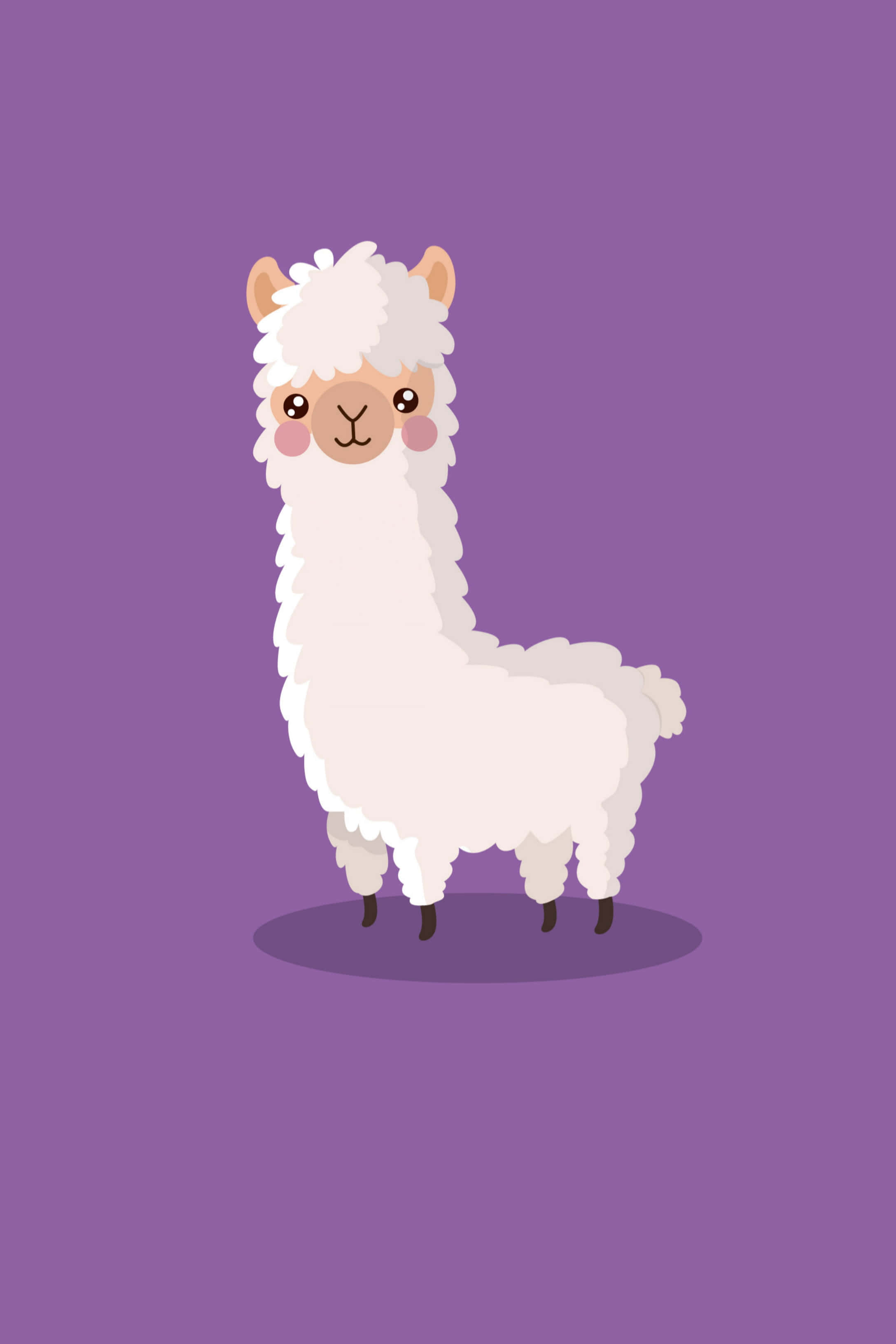 Purple Alpaca 桌布 壁紙 — 一隻可愛的白色卡通羊駝，臉頰紅潤，站在純紫色背景前。