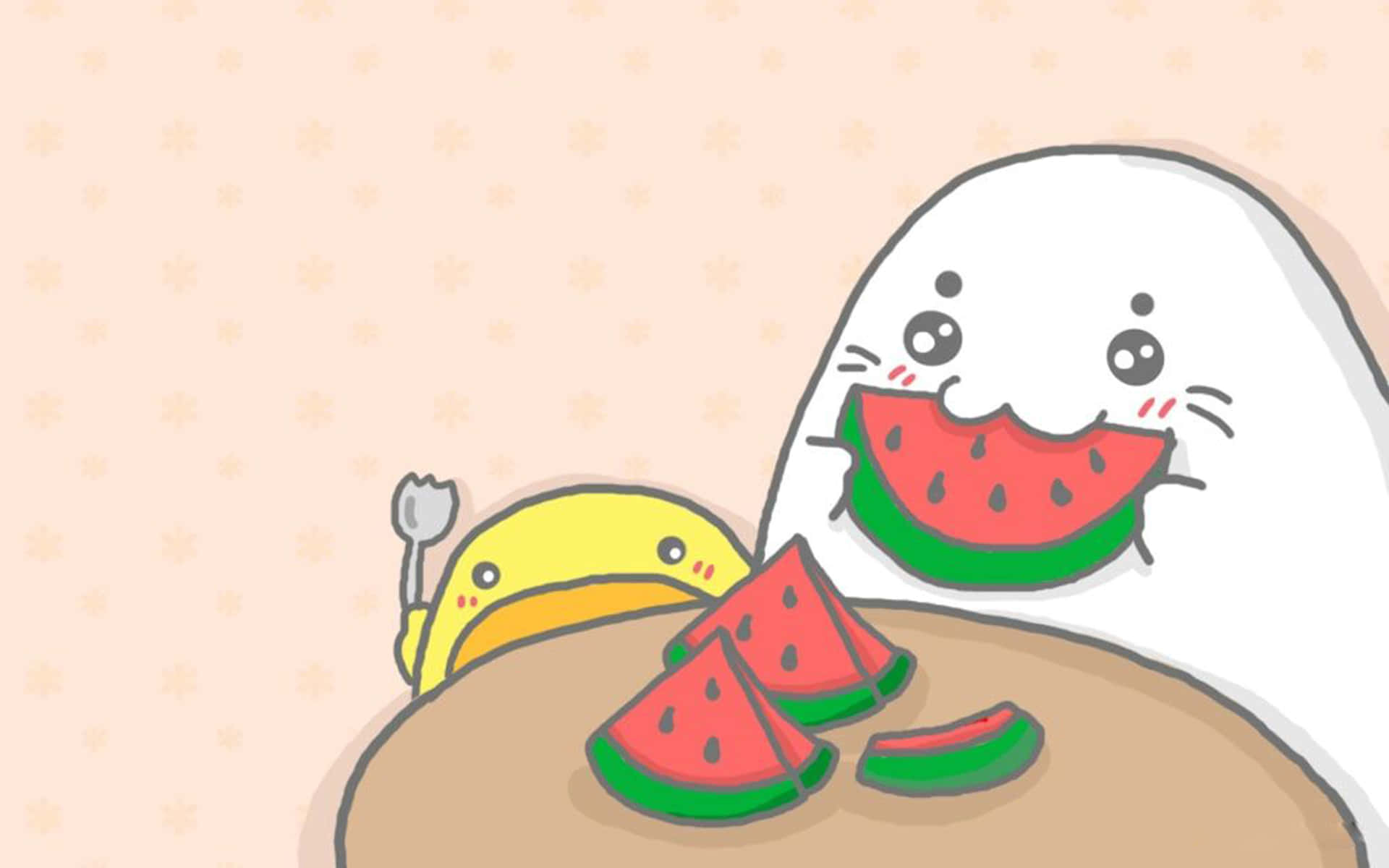 Kawaii Japanese 桌布 壁紙 — 一隻可愛的白色幽靈和黃色鴨子在有圖案的背景上開心地吃西瓜片。