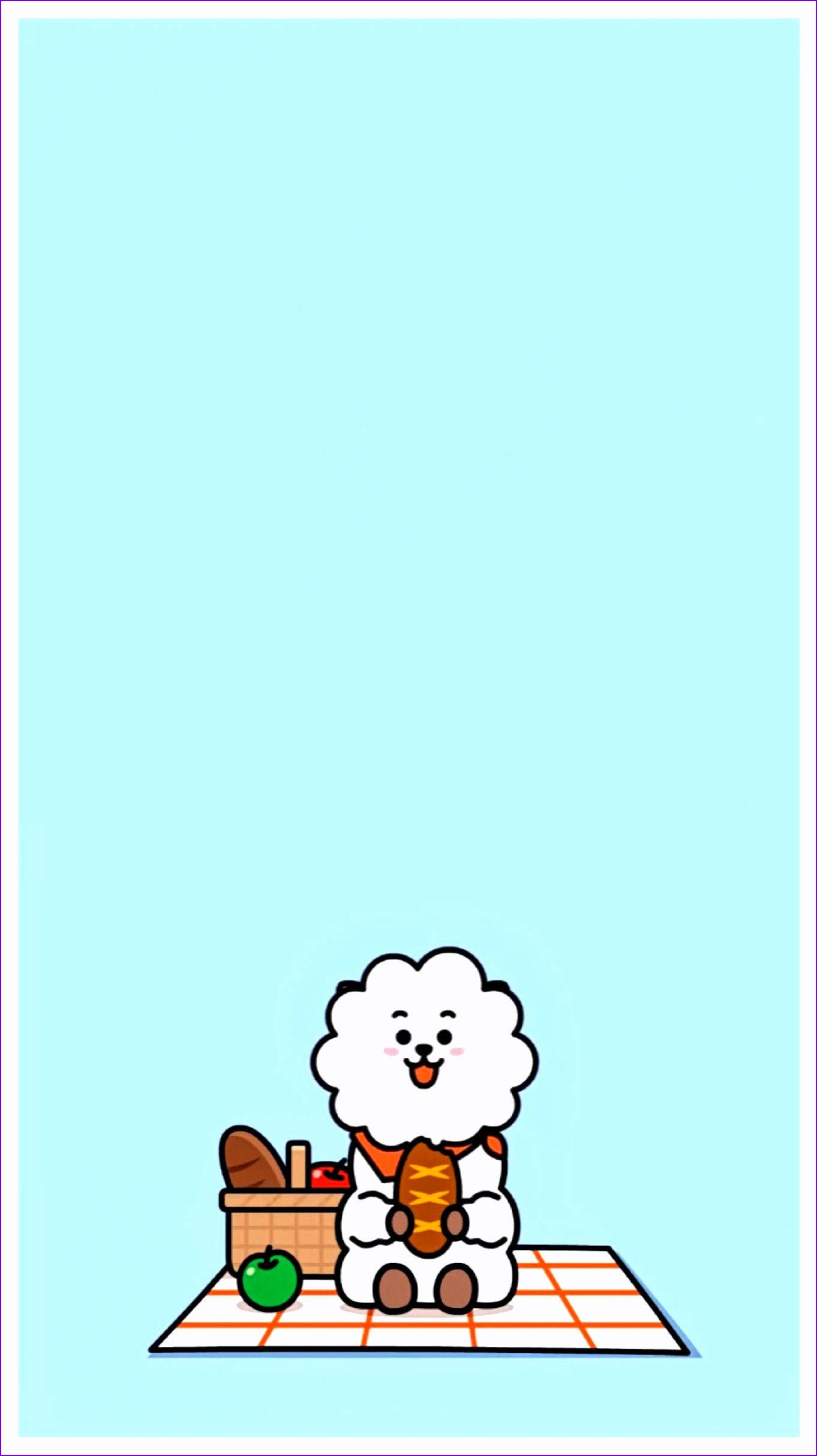 BT21 桌布 壁紙 — 一隻可愛的白色毛茸茸的狗開心地坐在格仔野餐墊上，拿著三文治，旁邊有一個籃子和一個蘋果。