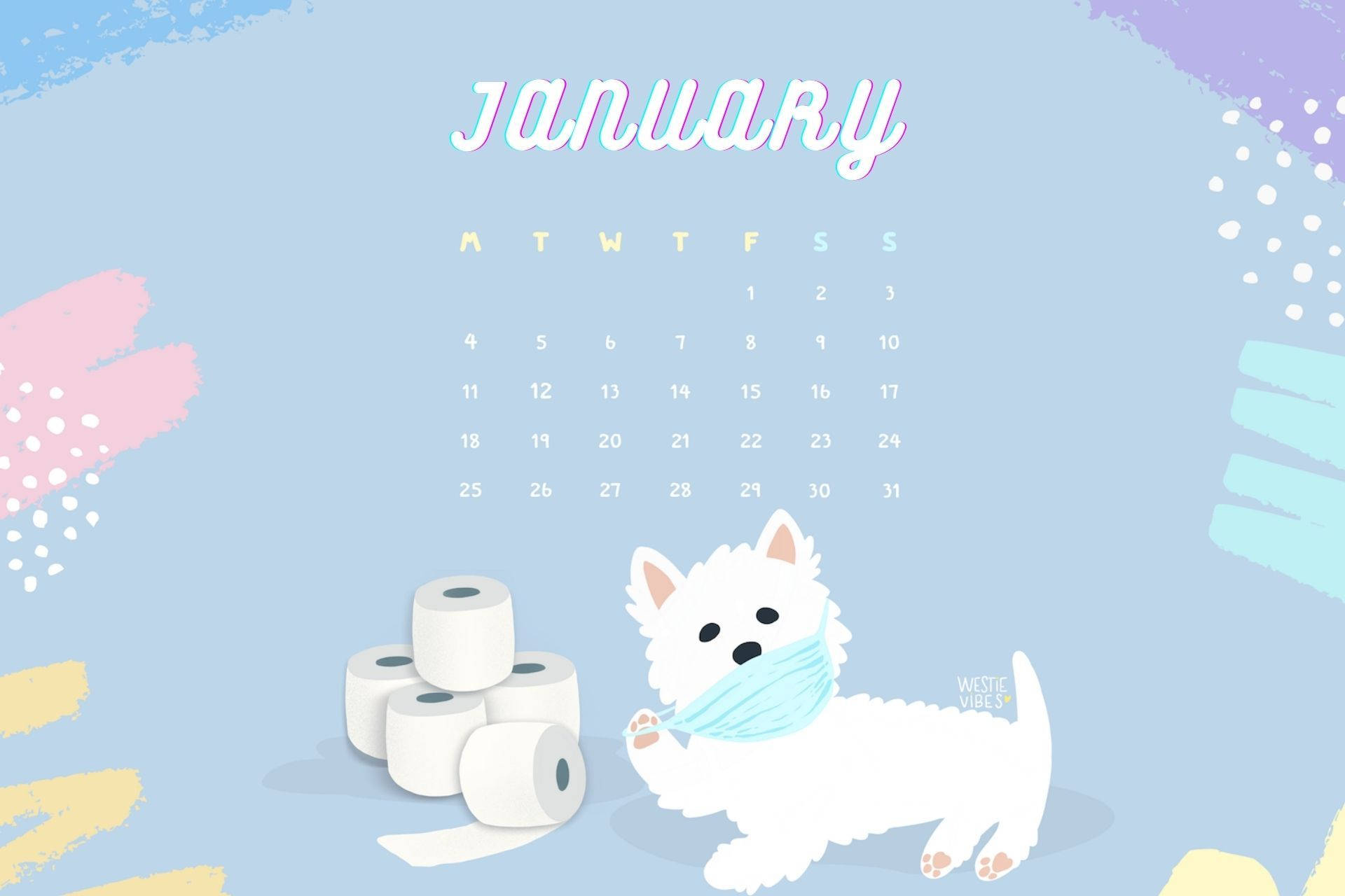 2021 Desktop 桌布 壁紙 — 一隻可愛的白色西高地白㹴狗戴著藍色口罩，坐在廁紙卷旁邊，下方是帶有粉彩筆觸點綴的一月日曆。