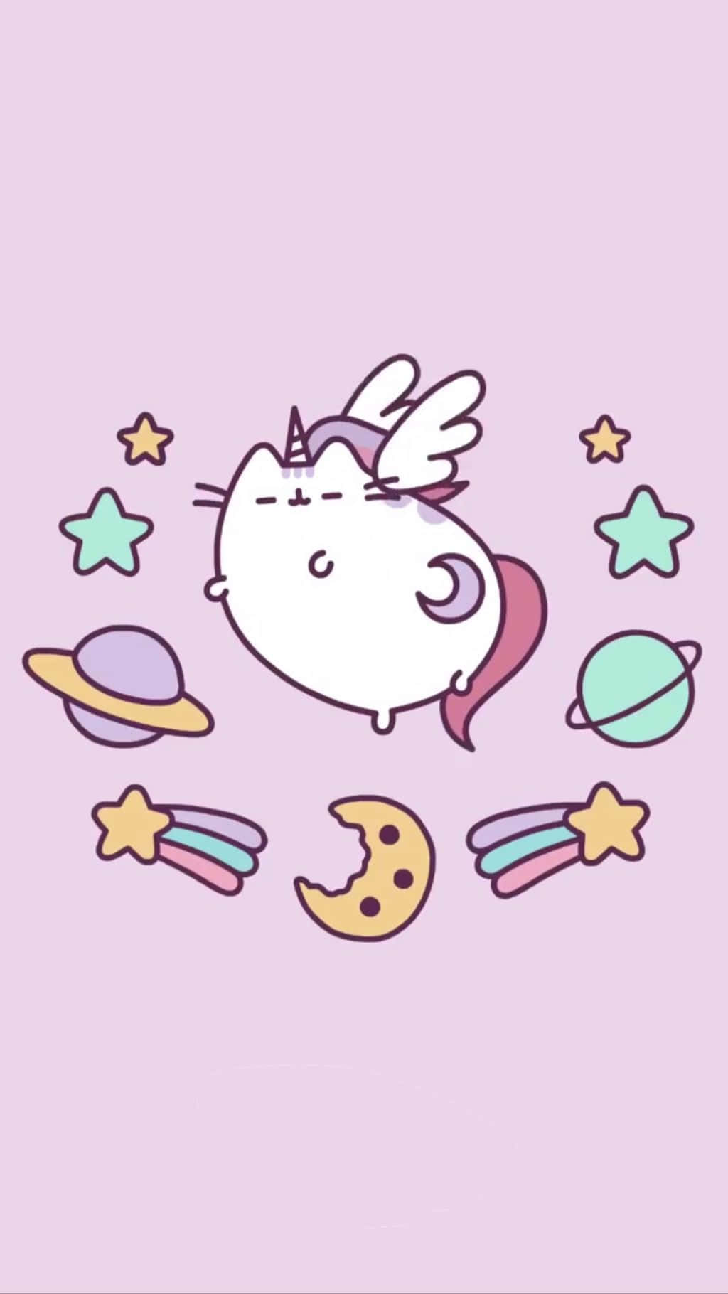 Pusheen 桌布 壁紙 — 一隻可愛的白貓，長著翅膀和角，在柔和的粉紅色背景上，漂浮在星星、行星和餅乾之間。