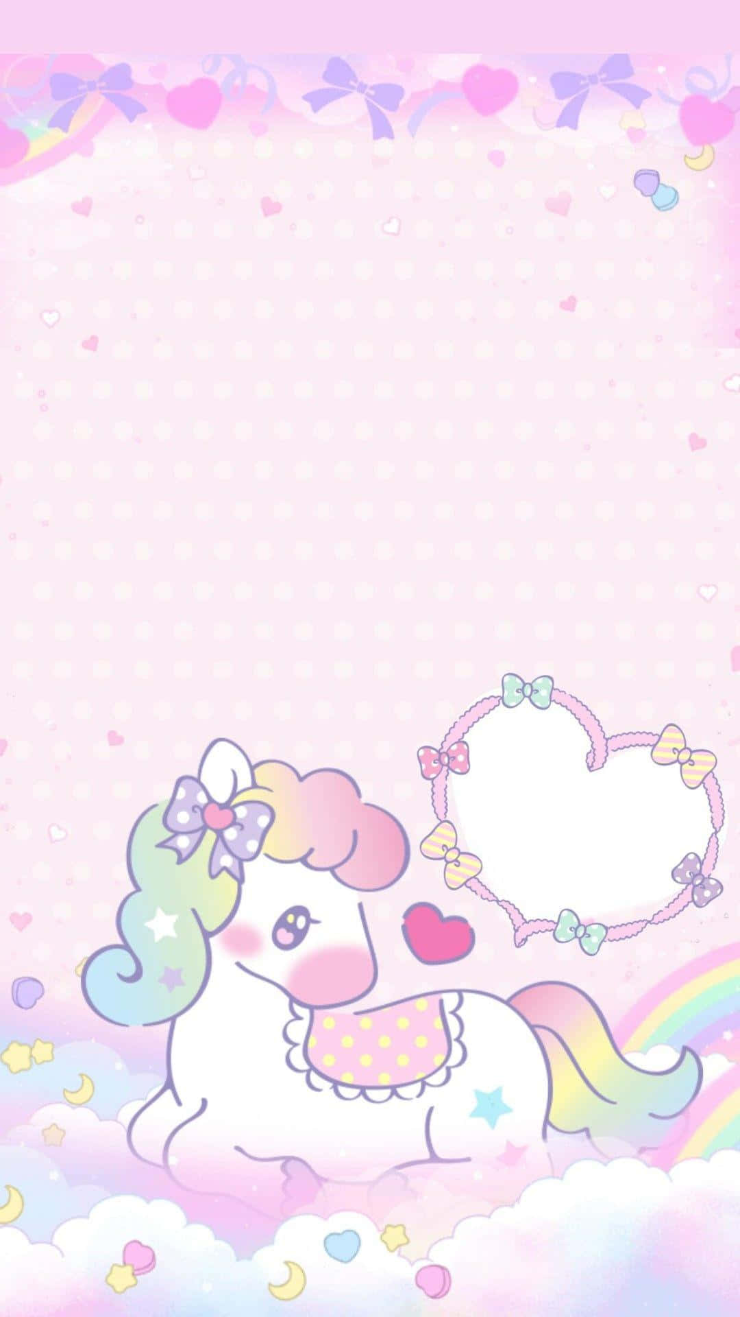Pastel Unicorn 桌布 壁紙 — 一隻可愛的粉彩獨角獸，擁有彩虹鬃毛和尾巴，坐在蓬鬆的雲朵上，被心形和蝴蝶結環繞，在夢幻的天空中。