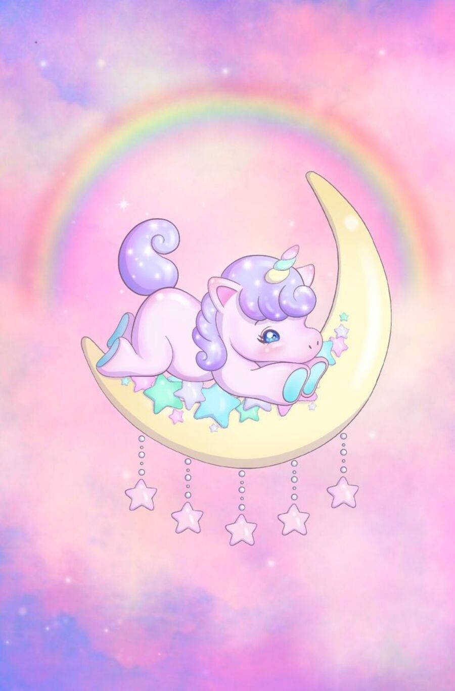 獨角獸 桌布 壁紙 — 一隻可愛的粉彩獨角獸在彩虹和閃爍星星環繞的彎月上安然入睡。